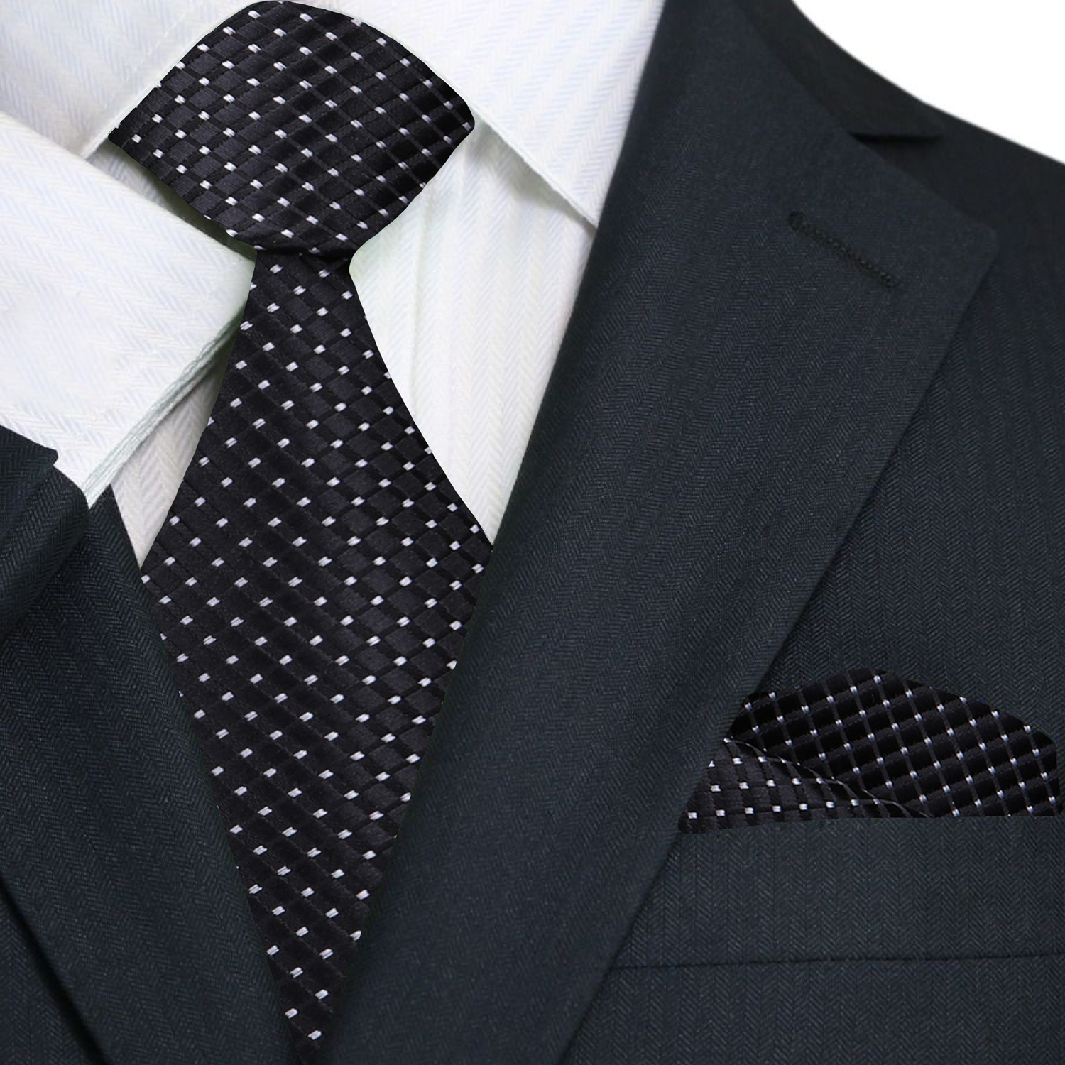 Close-up view of the black silk tie showcasing its subtle white checks and texture.