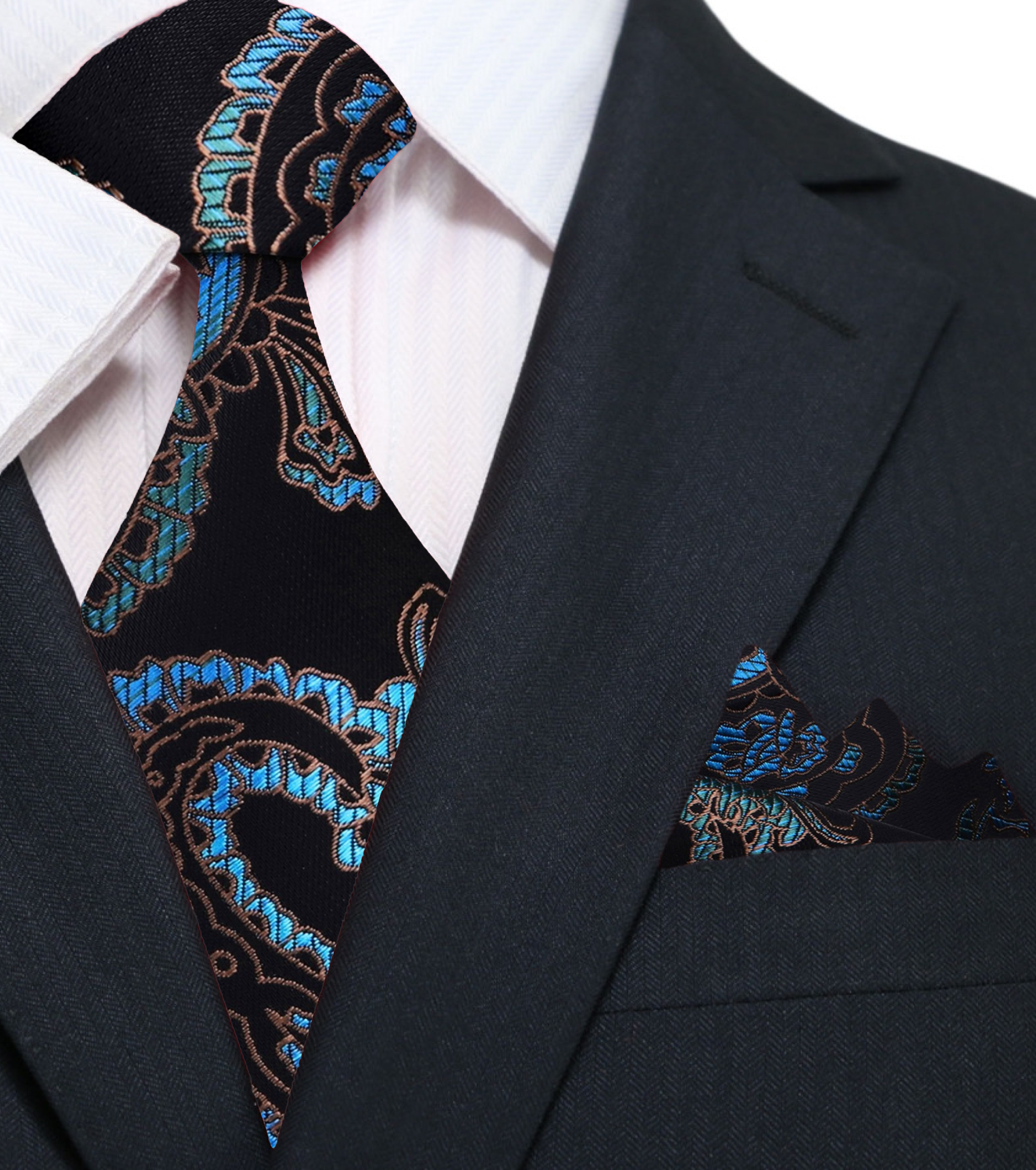 Mens silk paisley tie styled with a matching pocket square for a refined look