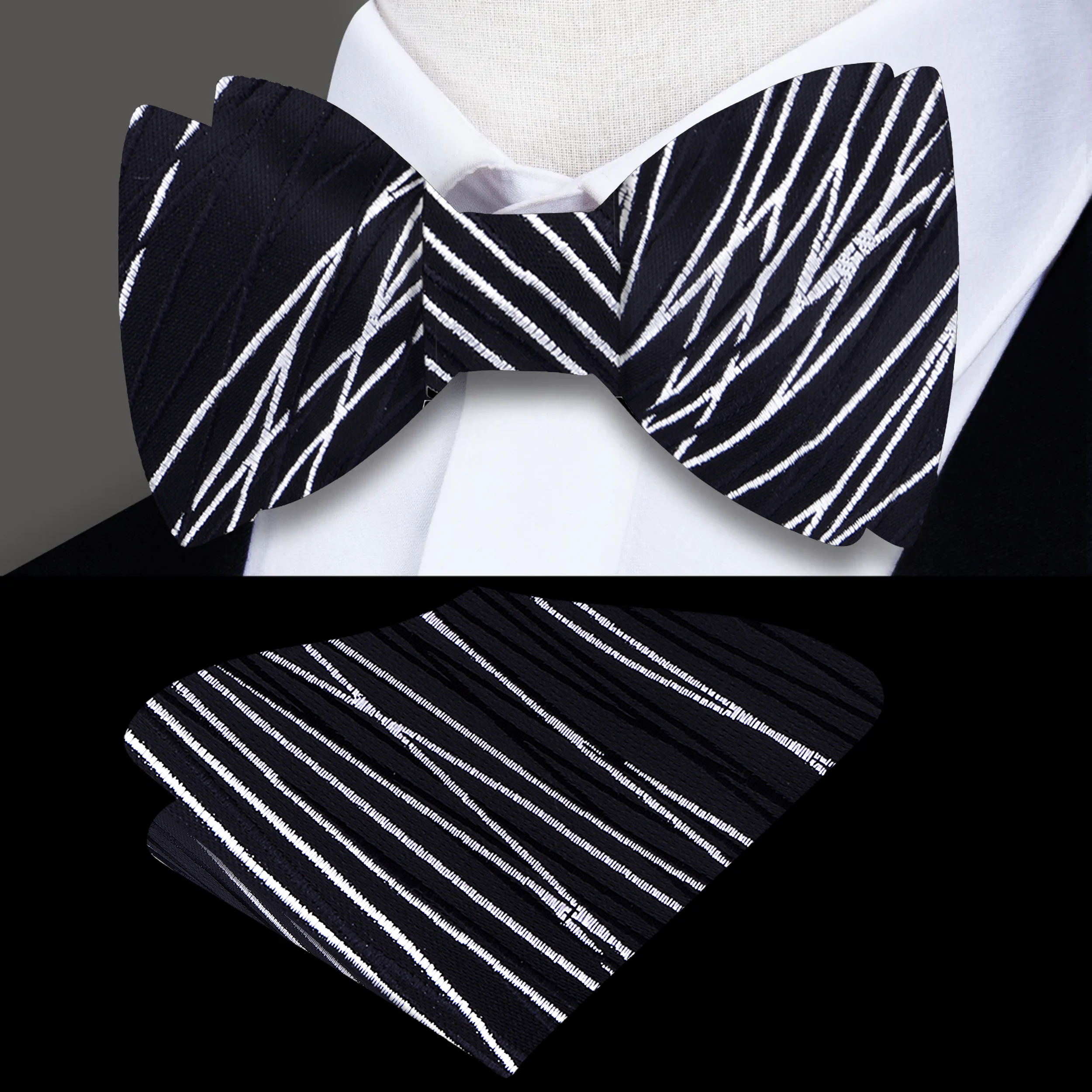 Stylish display of the mens black abstract bow tie against a crisp white shirt.