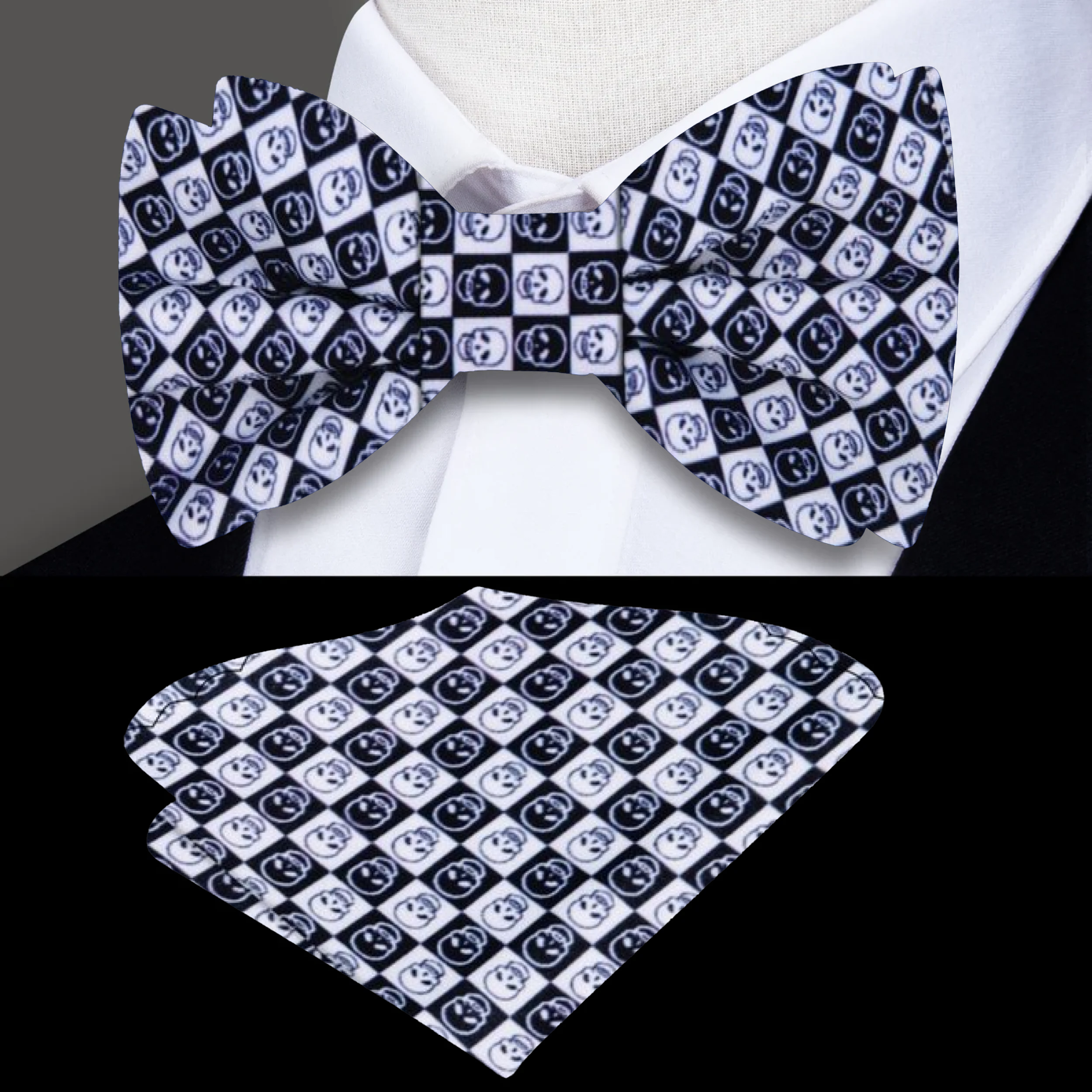 Blue skull geometric bow tie displayed on a crisp white dress shirt, showcasing its unique pattern.