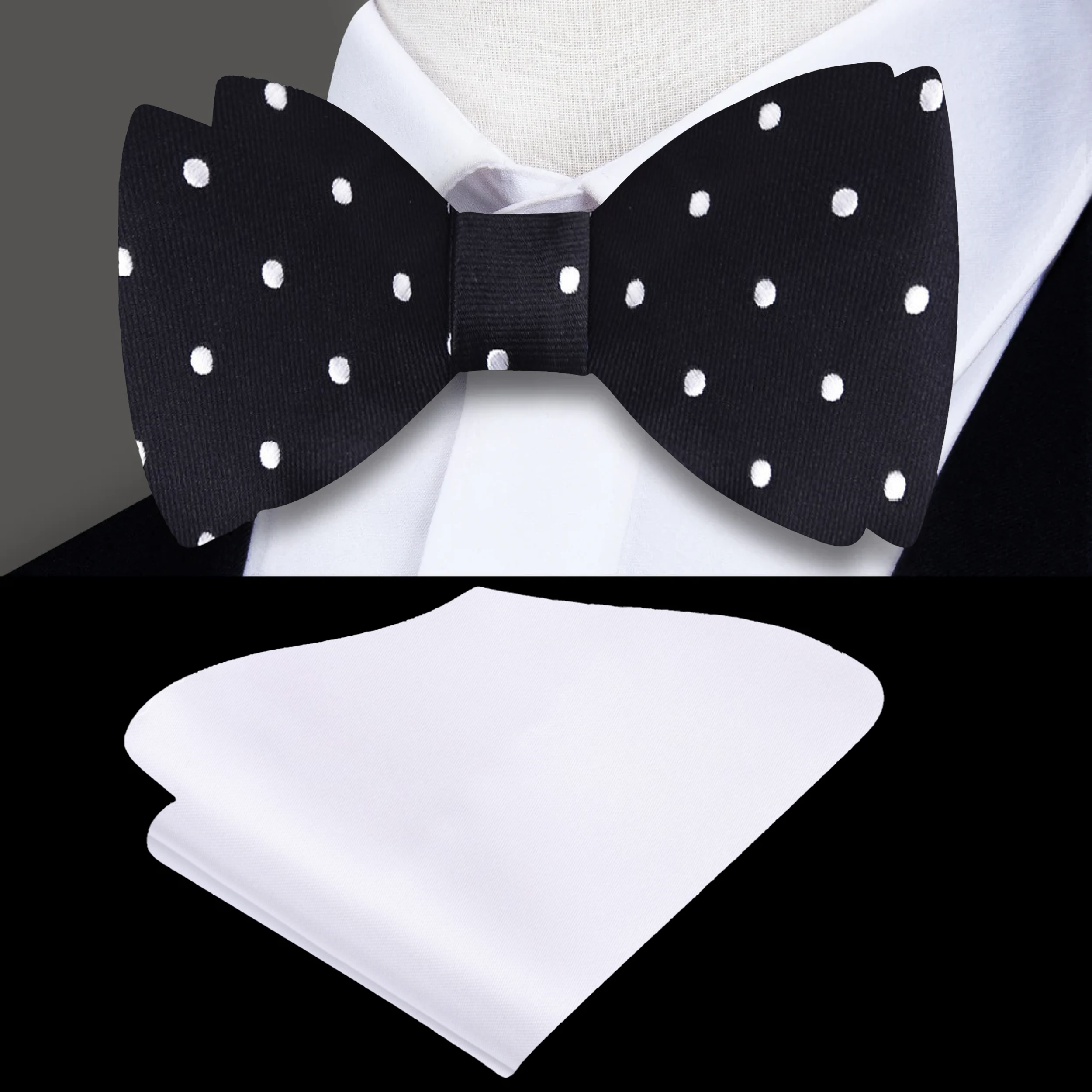 Close-up of adjustable strap and clasp on pre-tied bow tie, showing fit for neck sizes 14–22 inches