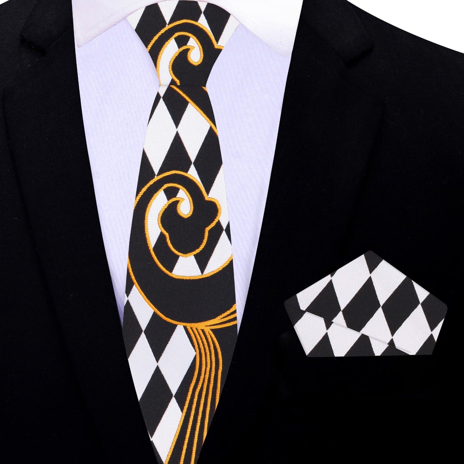 Man wearing silk necktie with checkered pattern and paisley design for wedding