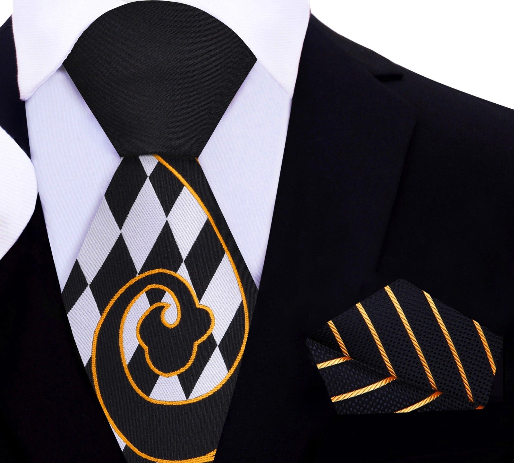 Stylish mens necktie with black and white checkers and gold accents, suitable for formal events