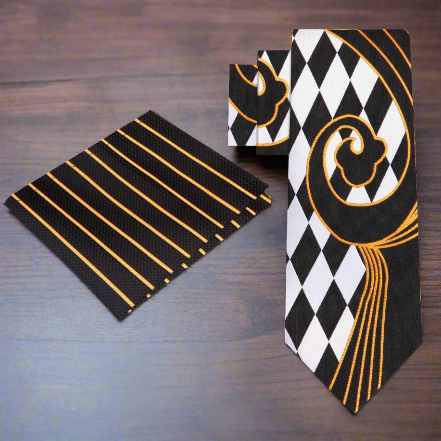 Man wearing silk necktie with checkered pattern and paisley design for wedding