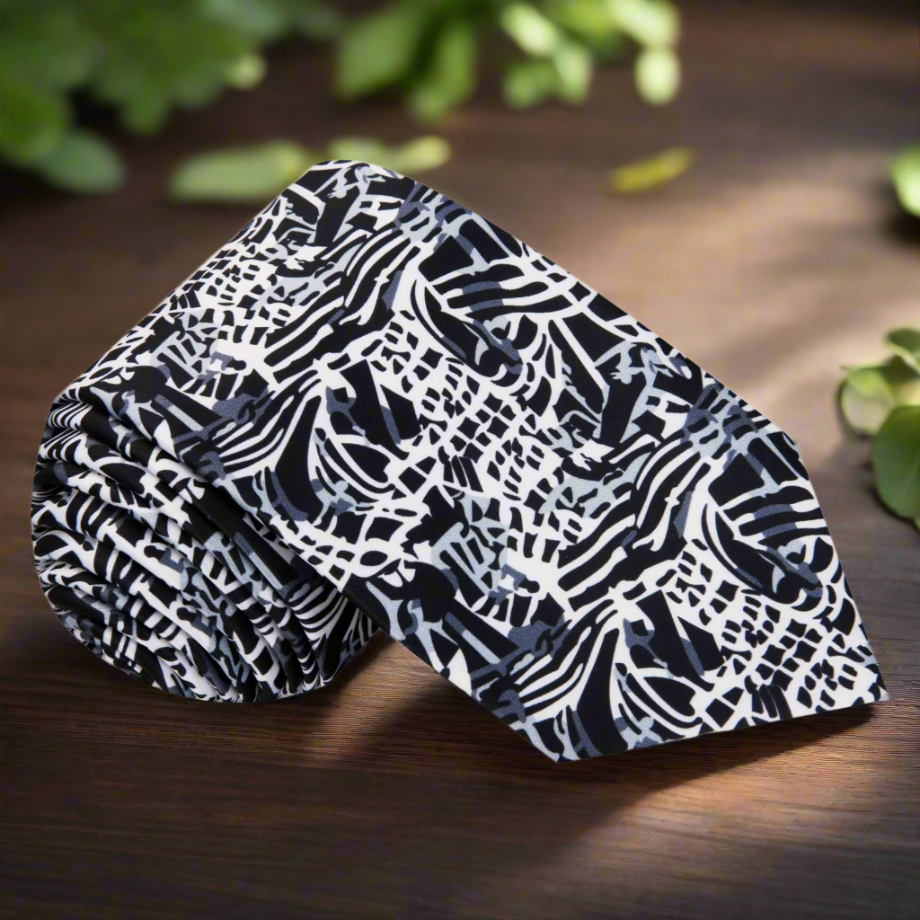 Close-up of the abstract silk tie showing intricate pattern details.