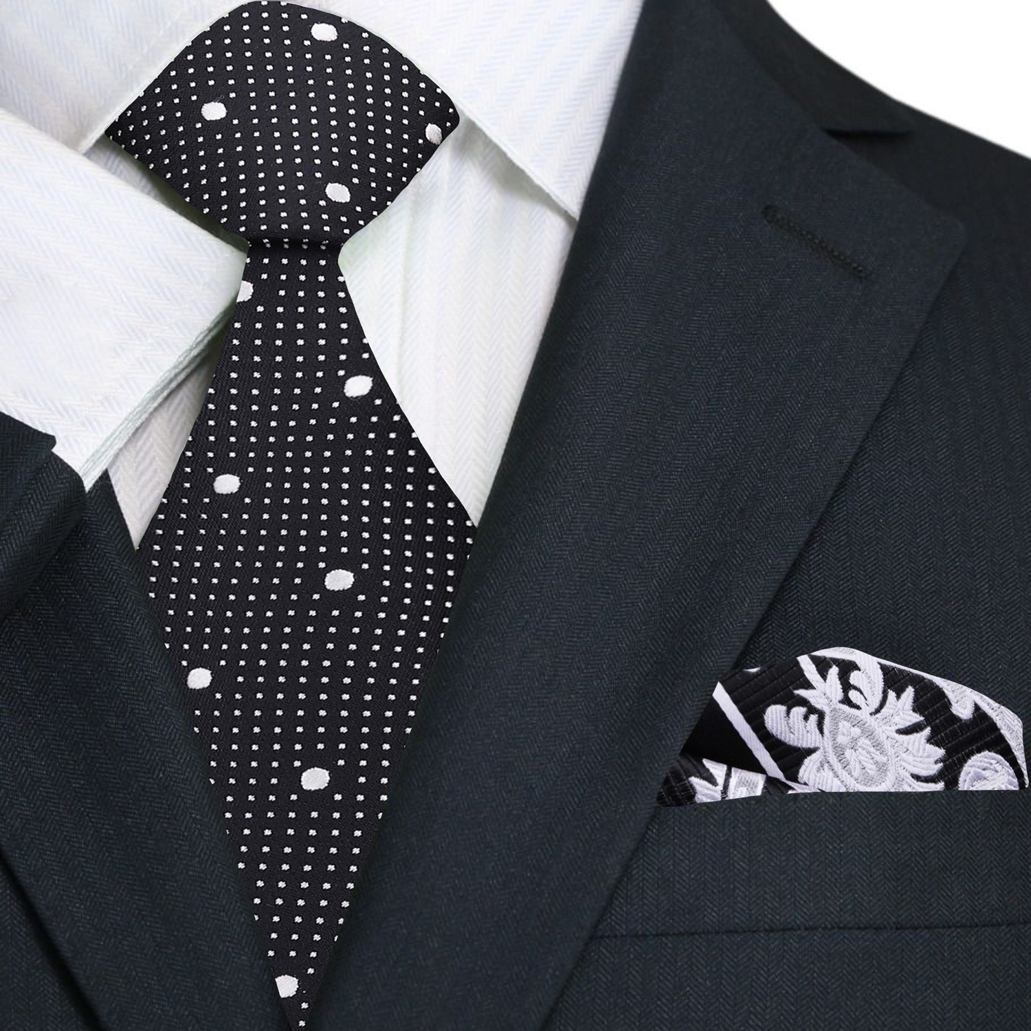 Black and red polka dot necktie displayed on a hanger, ideal for weddings or formal events