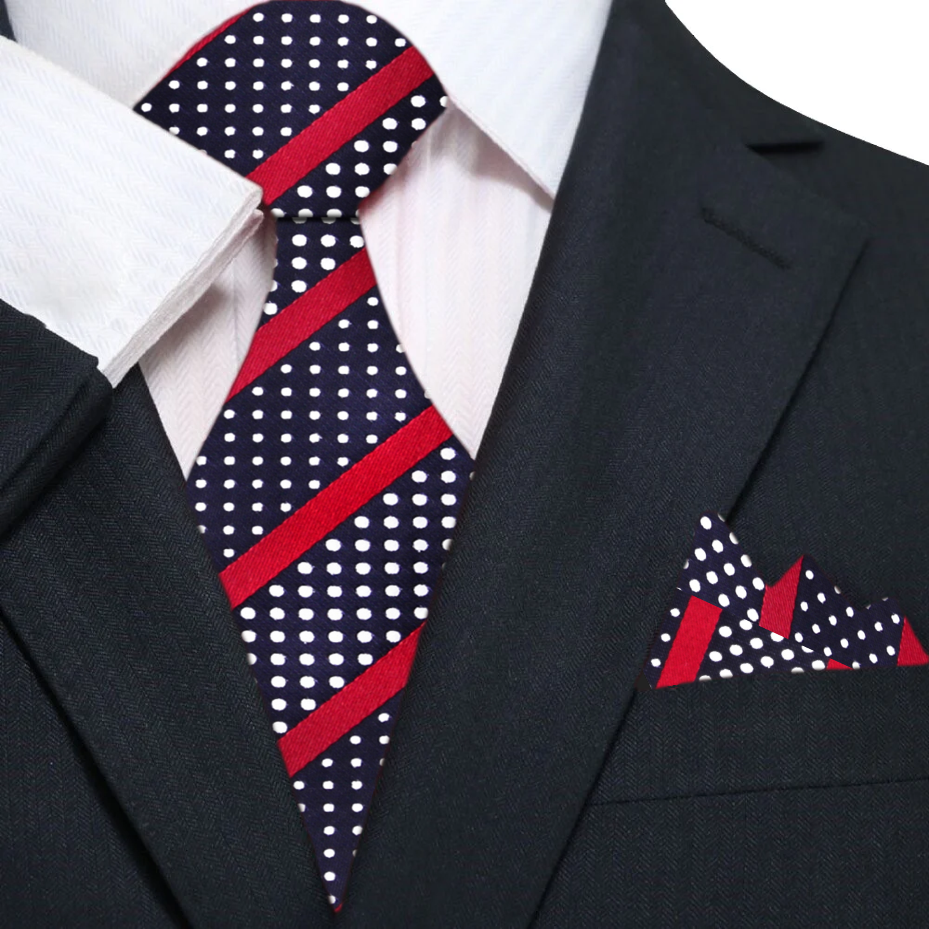 Close-up of black silk necktie with white dot pattern and red stripes for business attire