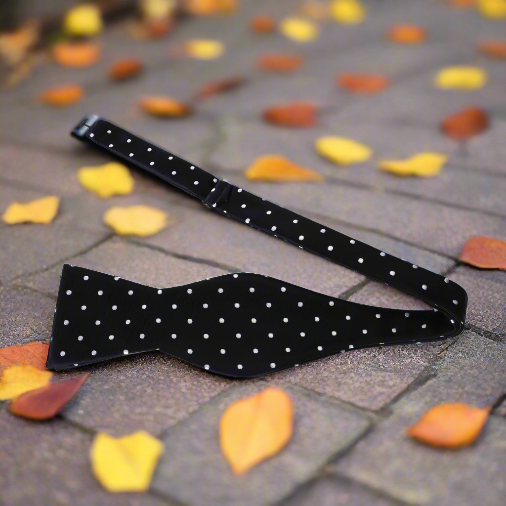 Bow tie and matching pocket square set, presented elegantly for formal wear.
