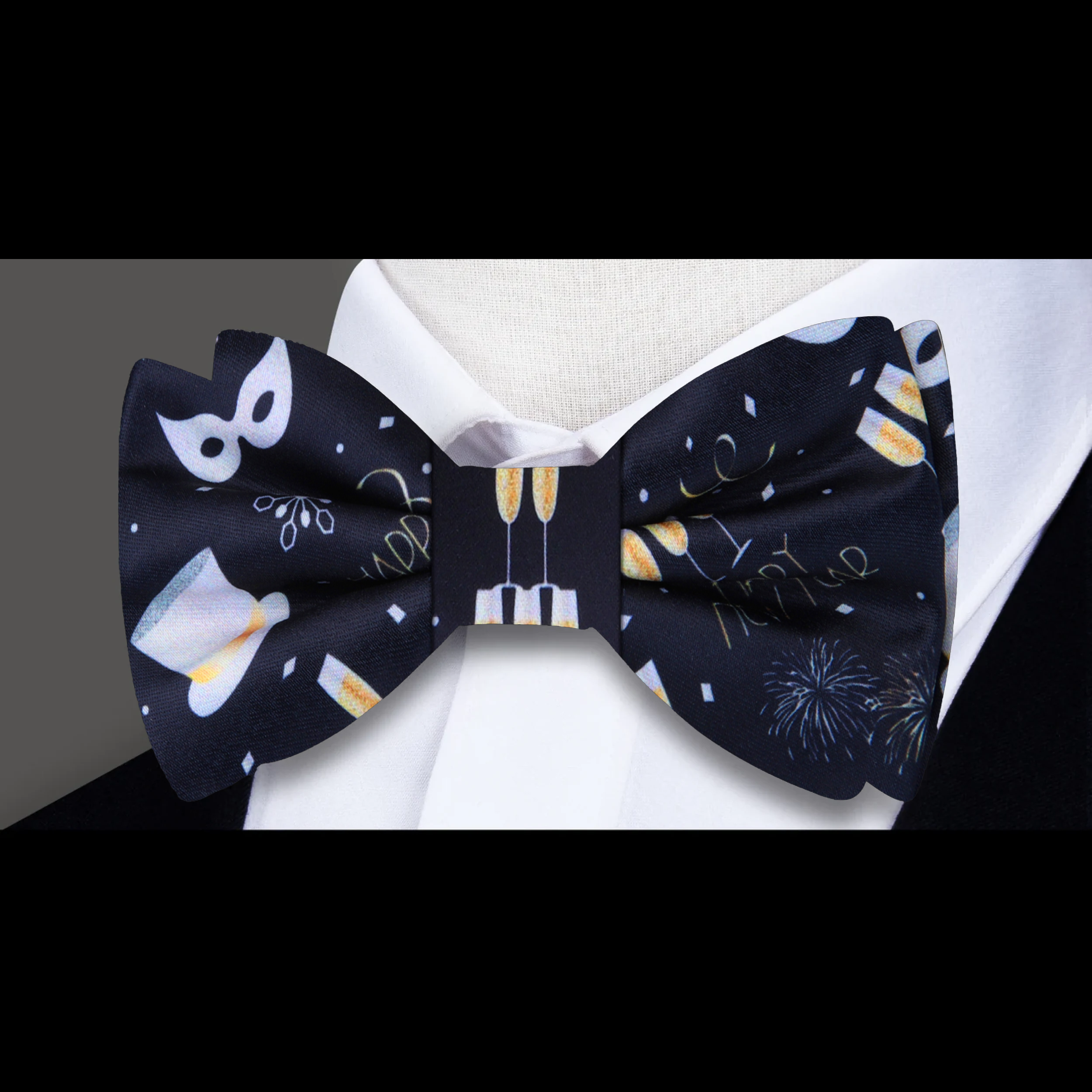 Festive champagne themed bow tie paired with white dress shirt for celebration