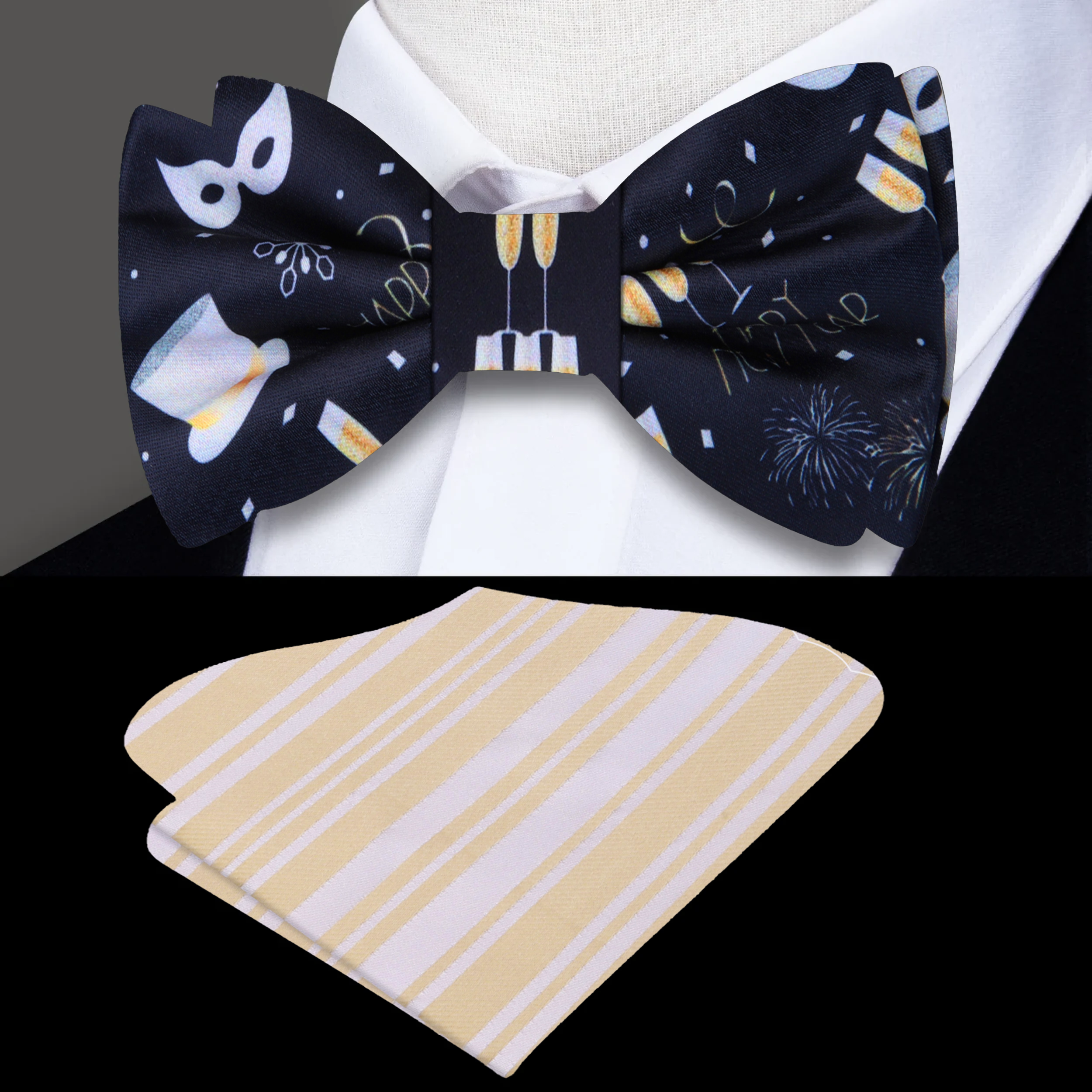 Man wearing a formal silk bow tie at winter gala event