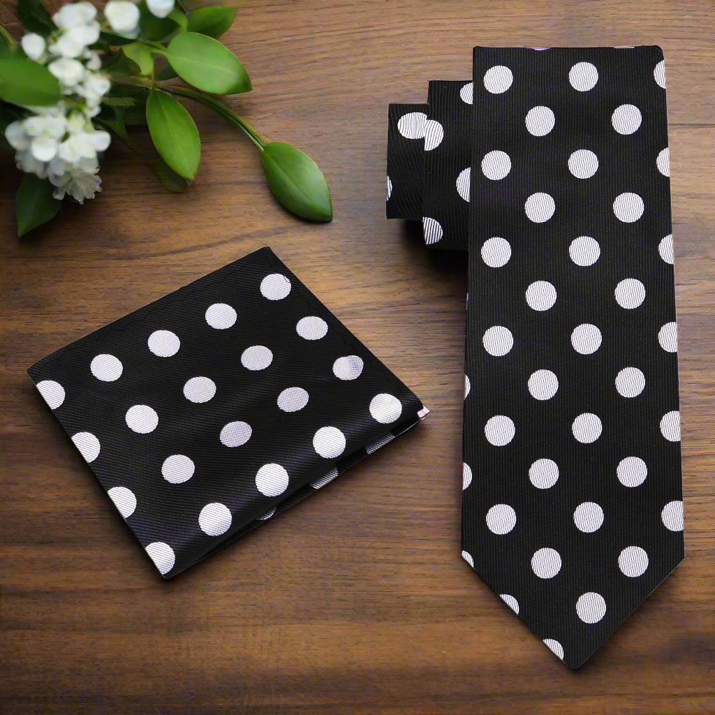 Polka dot silk tie styled with a white dress shirt for formal events