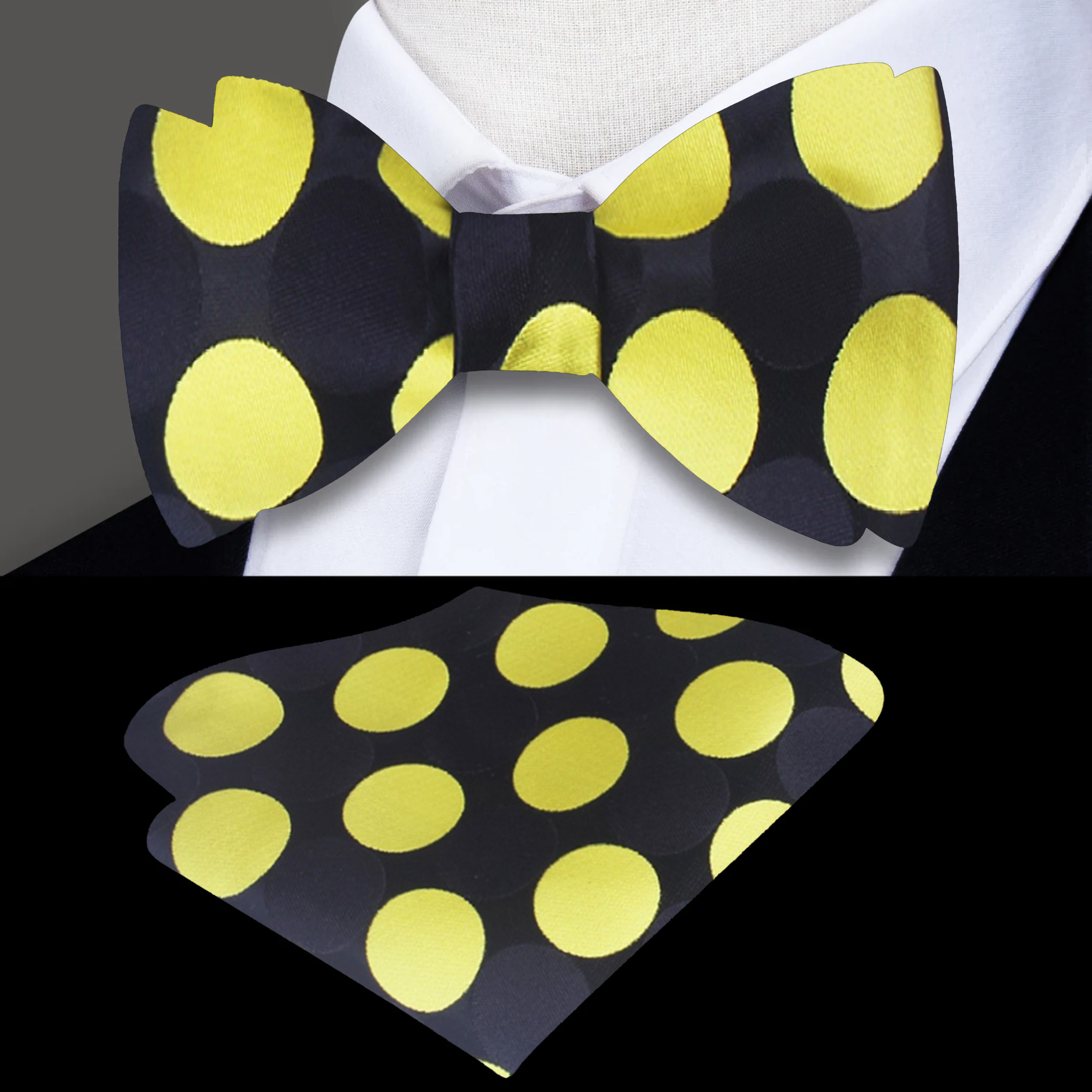Close-up of a vibrant orange polka dot bow tie paired with a matching pocket square.