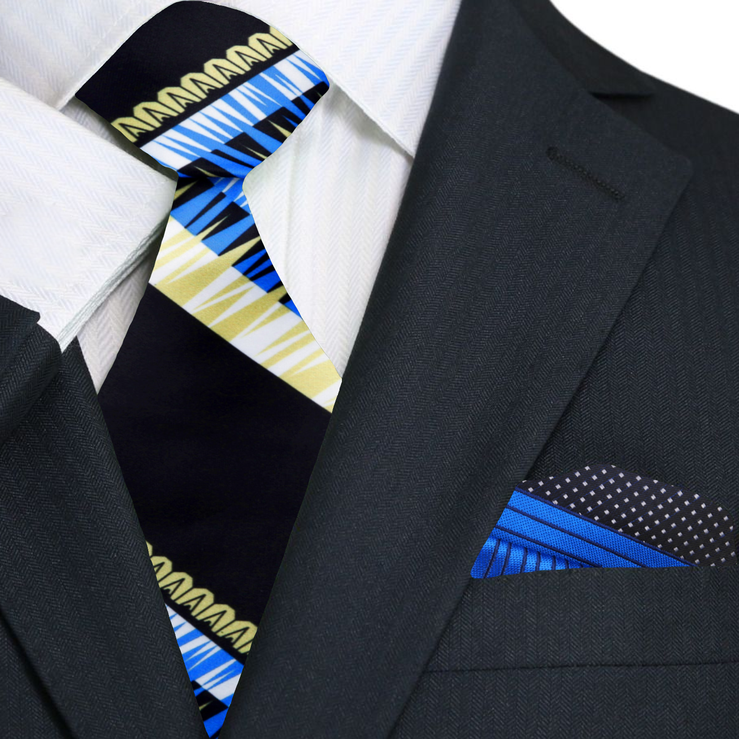 The Abstract Elegance Silk Tie paired with a light gray dress shirt and charcoal gray suit, ideal for business meetings.