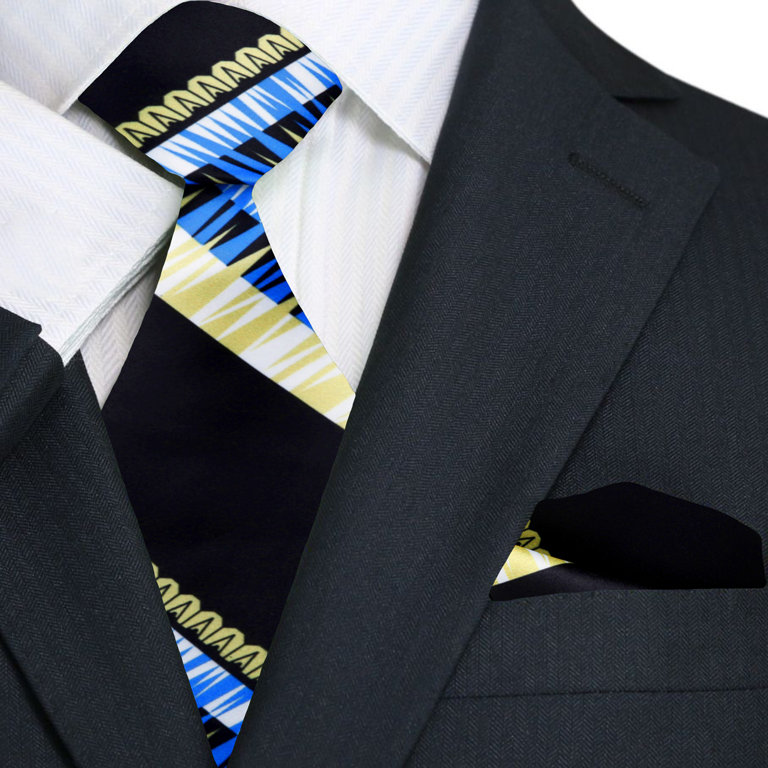 The Abstract Elegance Silk Tie paired with a light gray dress shirt and charcoal gray suit, ideal for business meetings.