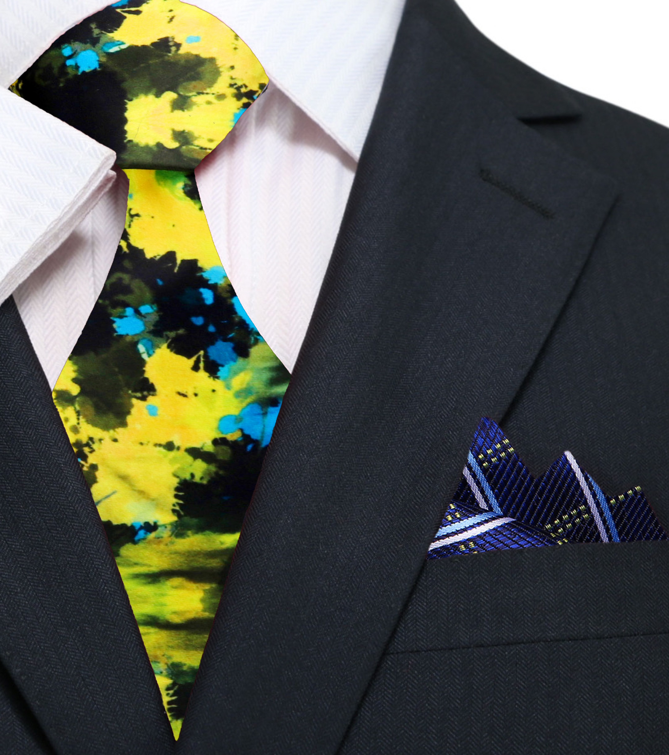 Details of the vibrant inkblot design on a silk tie suitable for formal occasions