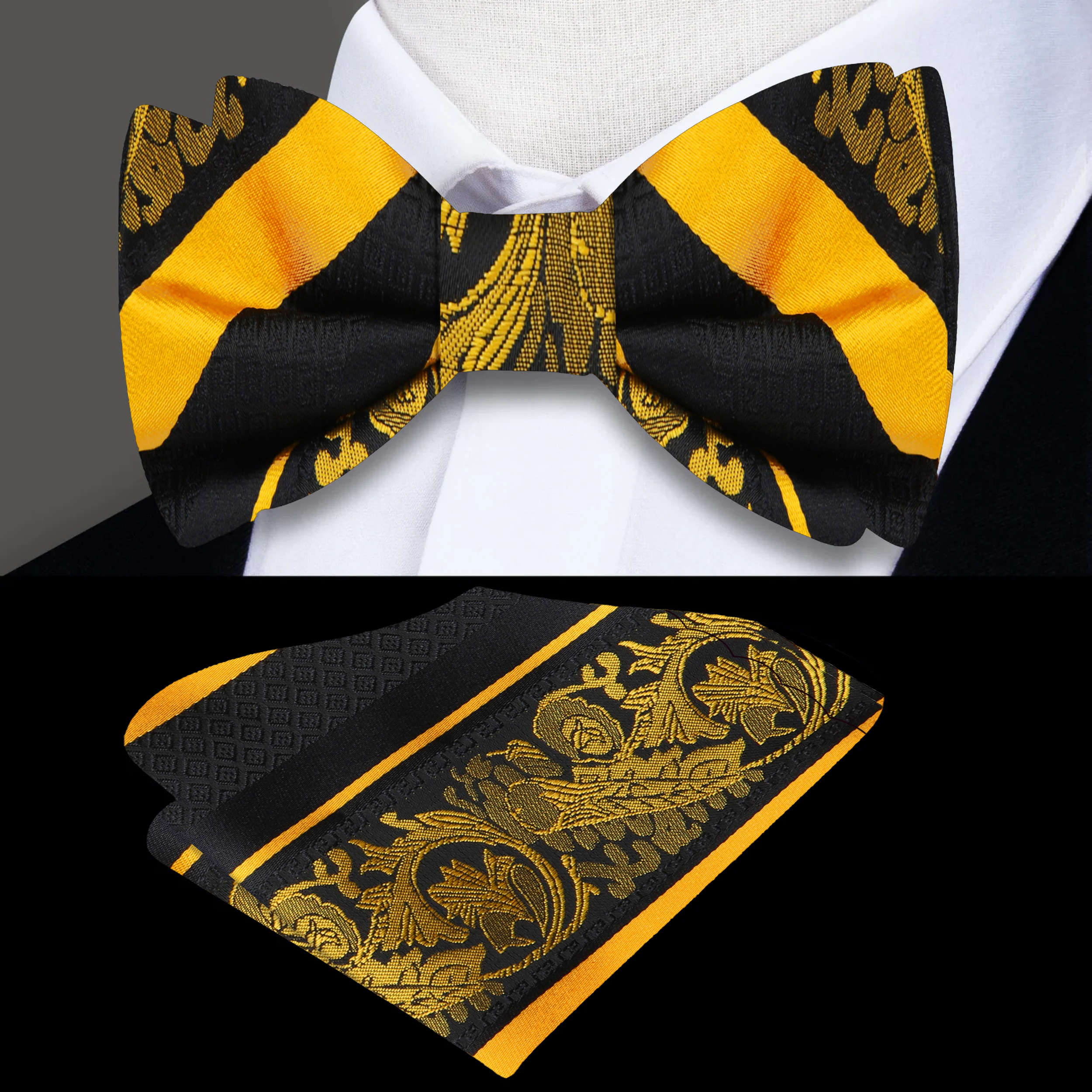 Close-up of black floral bow tie with red accents for formal wear