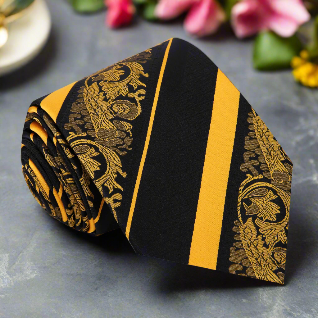 Close-up of the Cadenza Signature Silk Tie showcasing the paisley and stripe patterns against a black background.