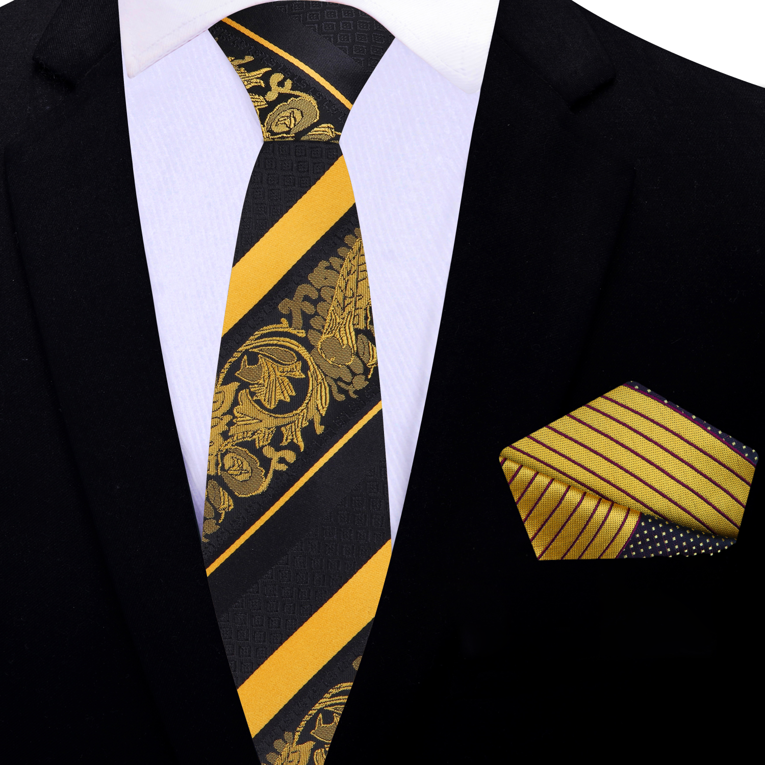 Cadenza Signature Silk Tie paired with a white dress shirt and black suit, perfect for formal events.
