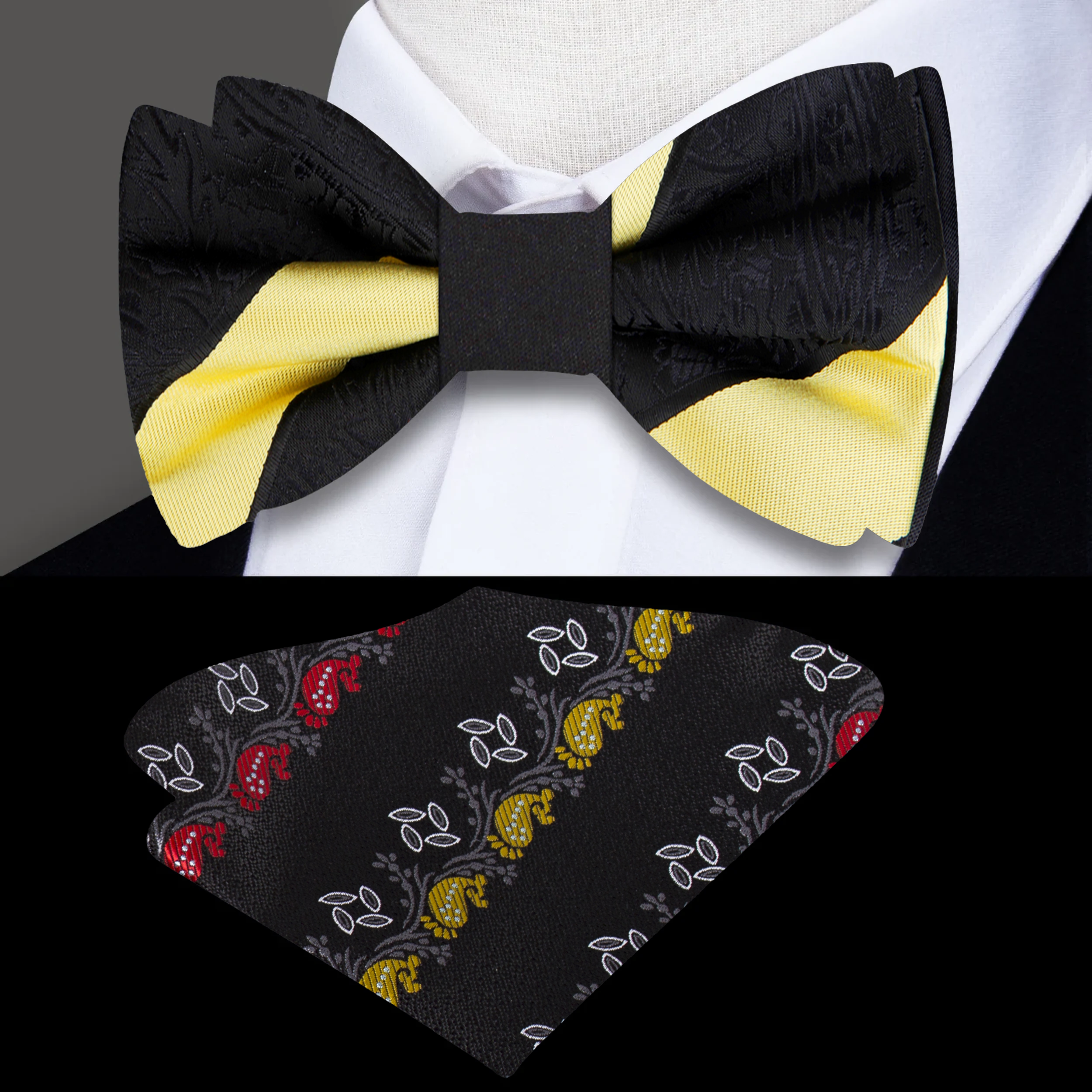 Man wearing pre-tied black bow tie with yellow stripe during a wedding reception