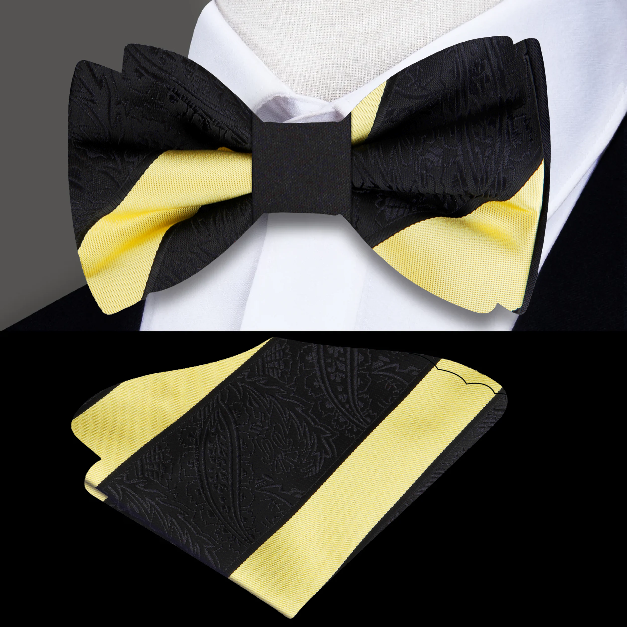 Close-up of black bow tie with yellow stripe and paisley pattern, ideal for formal events