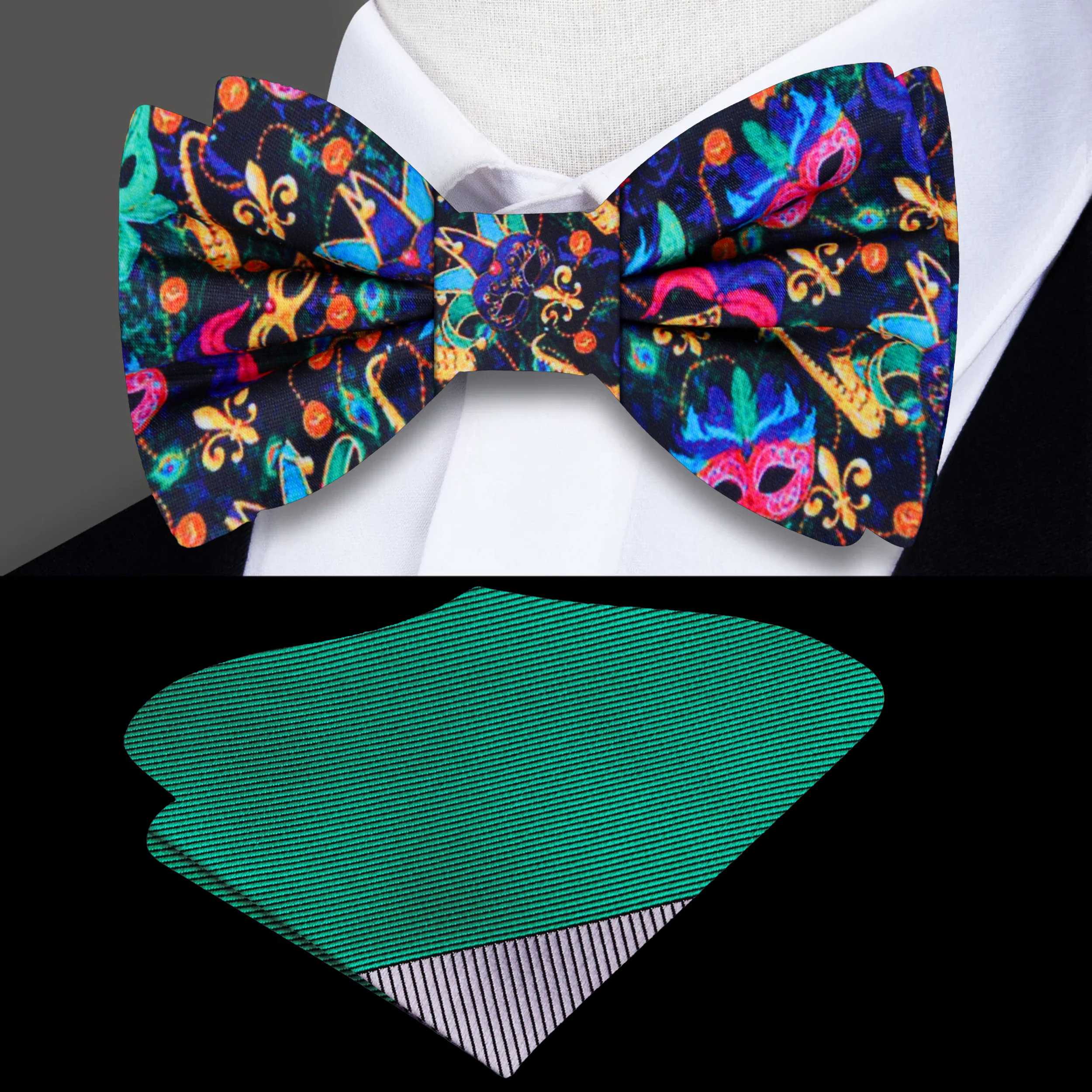 Close-up of vibrant Mardi Gras bow tie with masks and beads pattern