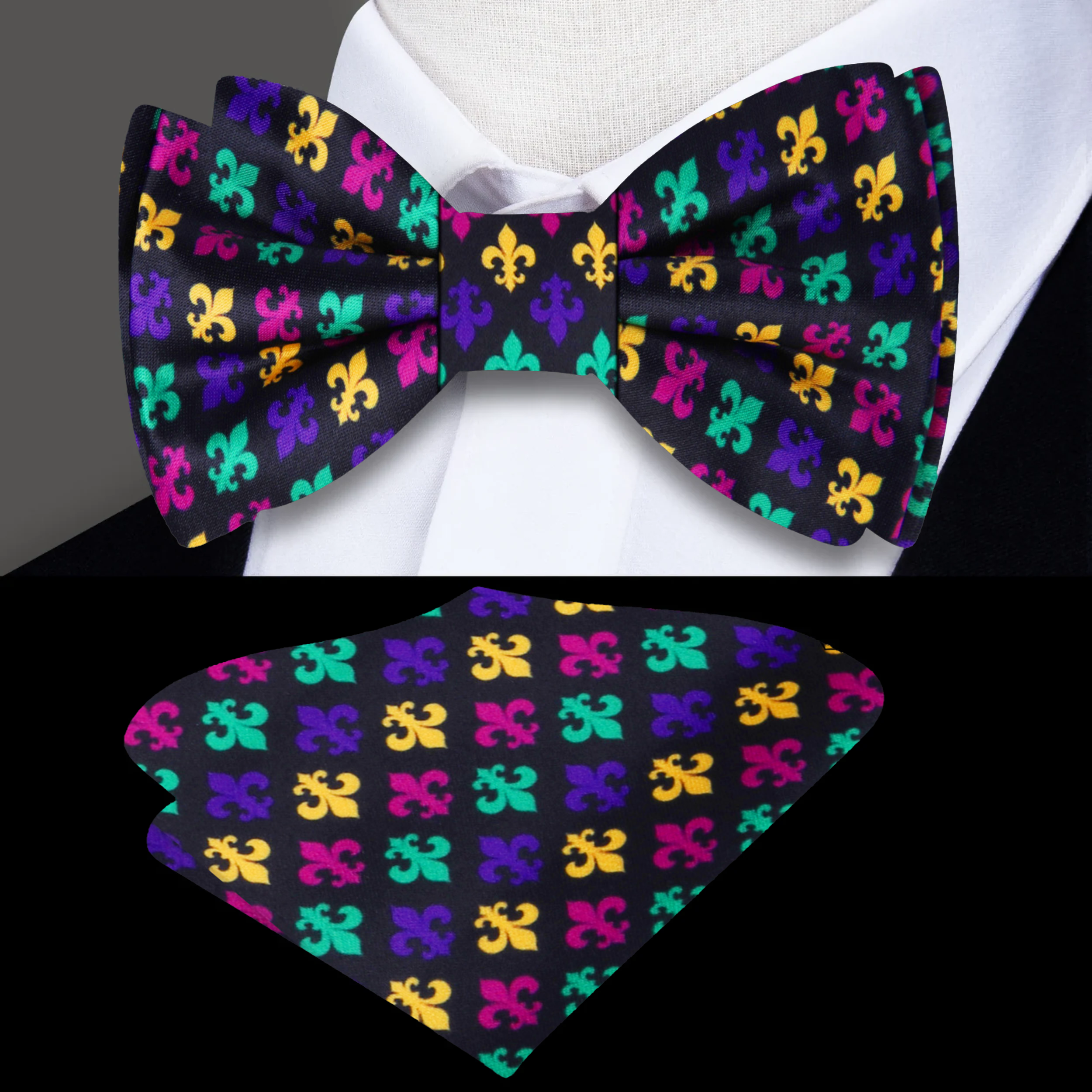 Close-up of the elegant fleur-de-lis pattern on a silk bow tie.