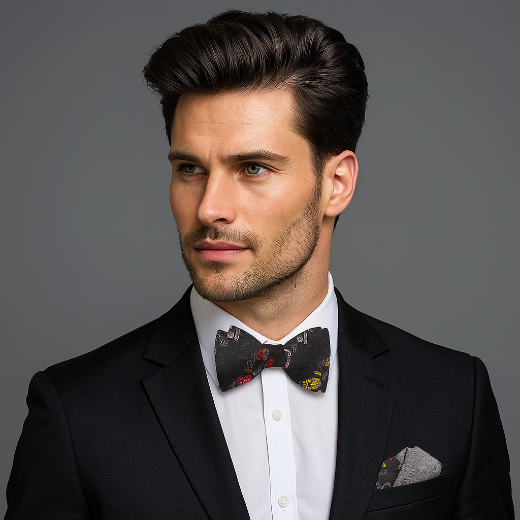 Close-up of the black paisley bow tie showcasing intricate patterns and vibrant colors.