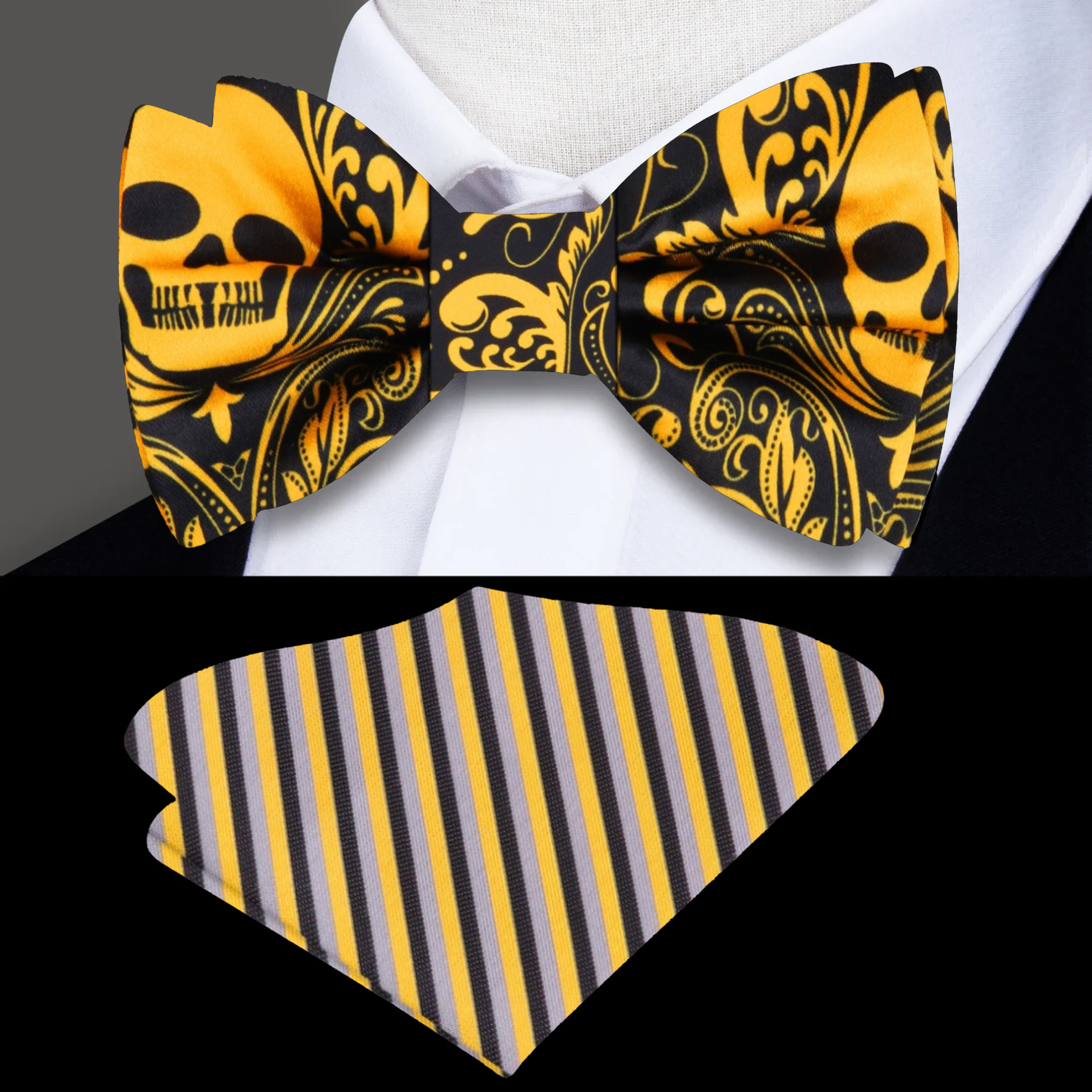 Close-up of the bold skull motif bow tie showcasing its intricate yellow design against black silk.