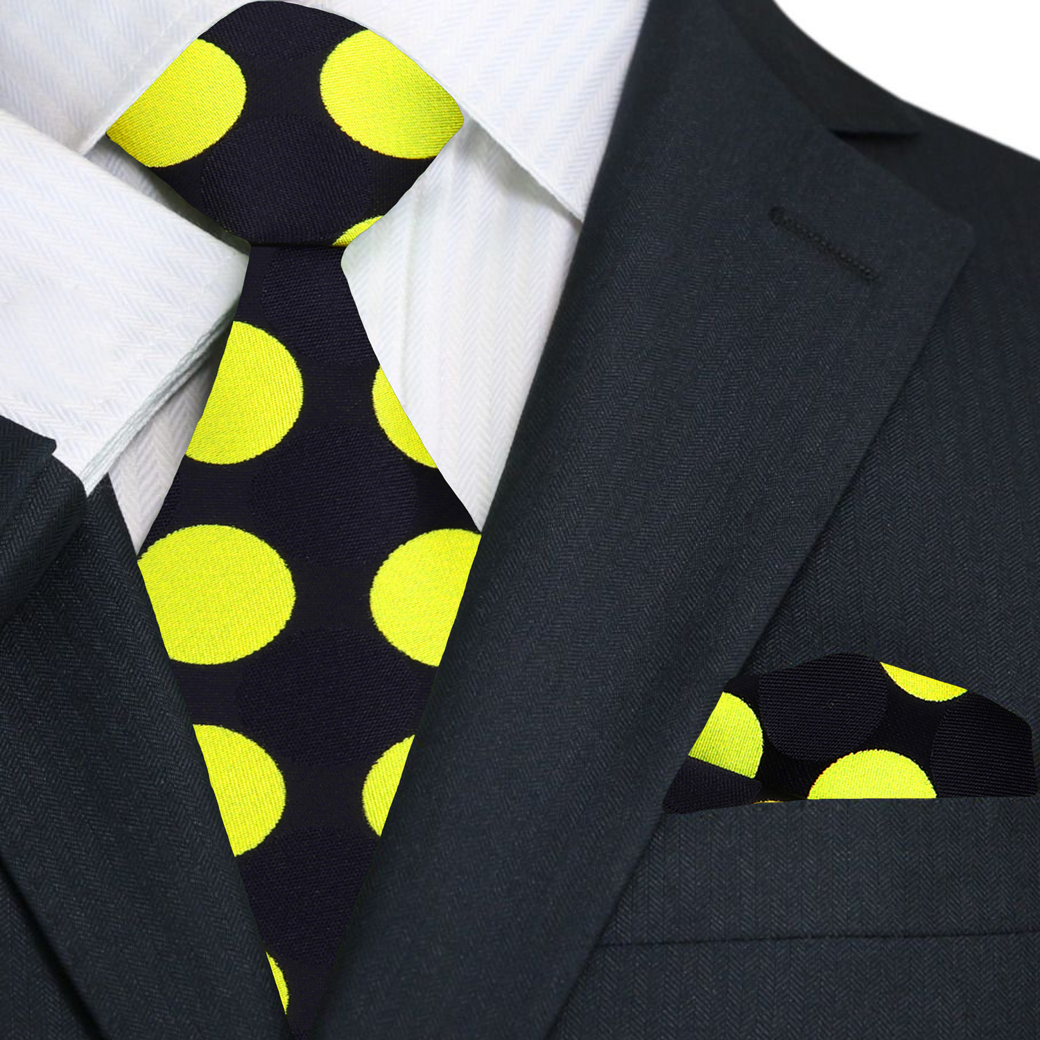Close-up of the vibrant polka dot silk necktie, emphasizing the texture and quality of the fabric.