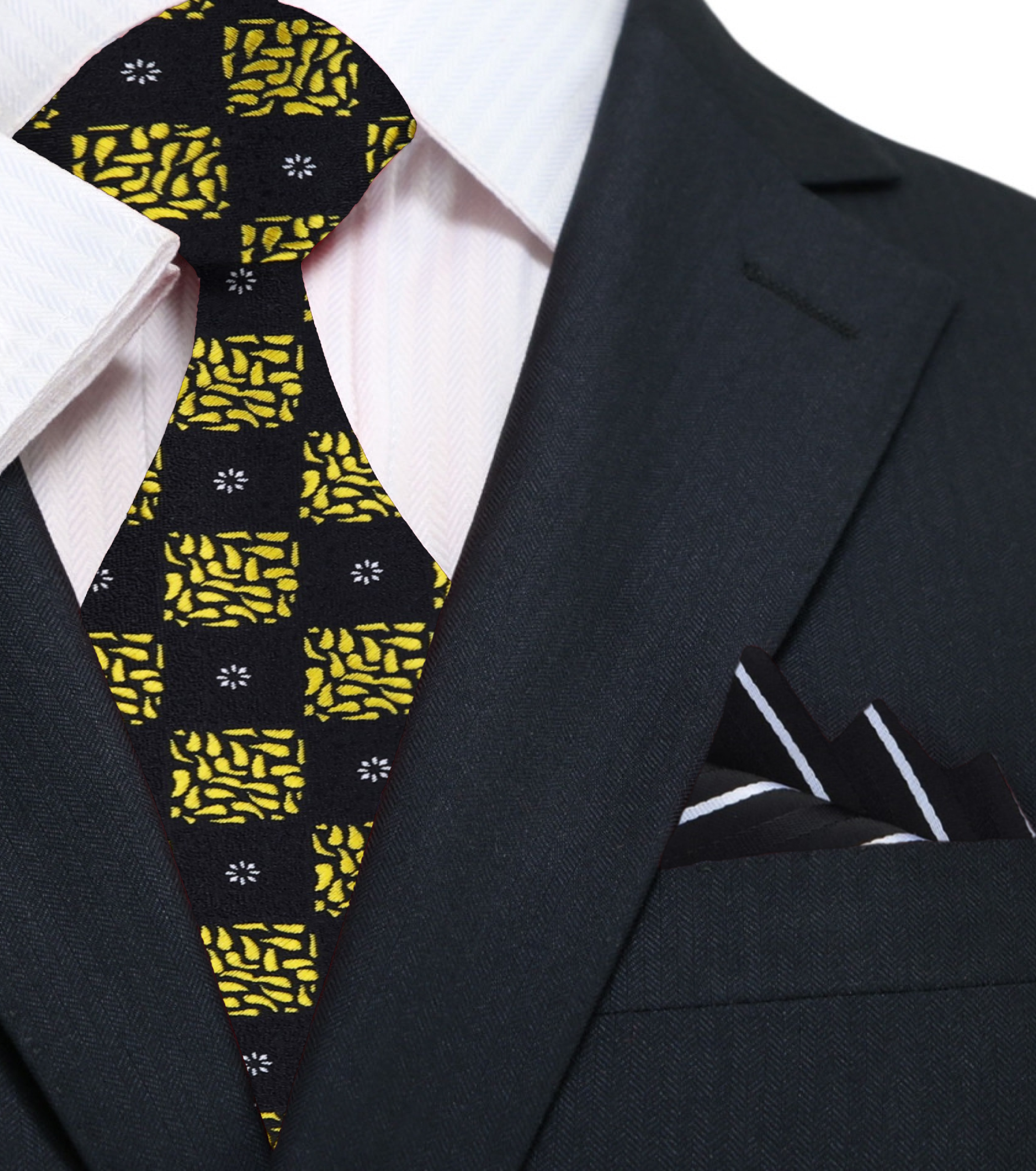 Model wearing Ulysses luxury geometric tie with white dress shirt at formal evening reception