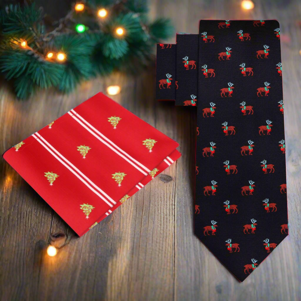 Matching pocket square and tie set with holiday reindeer design