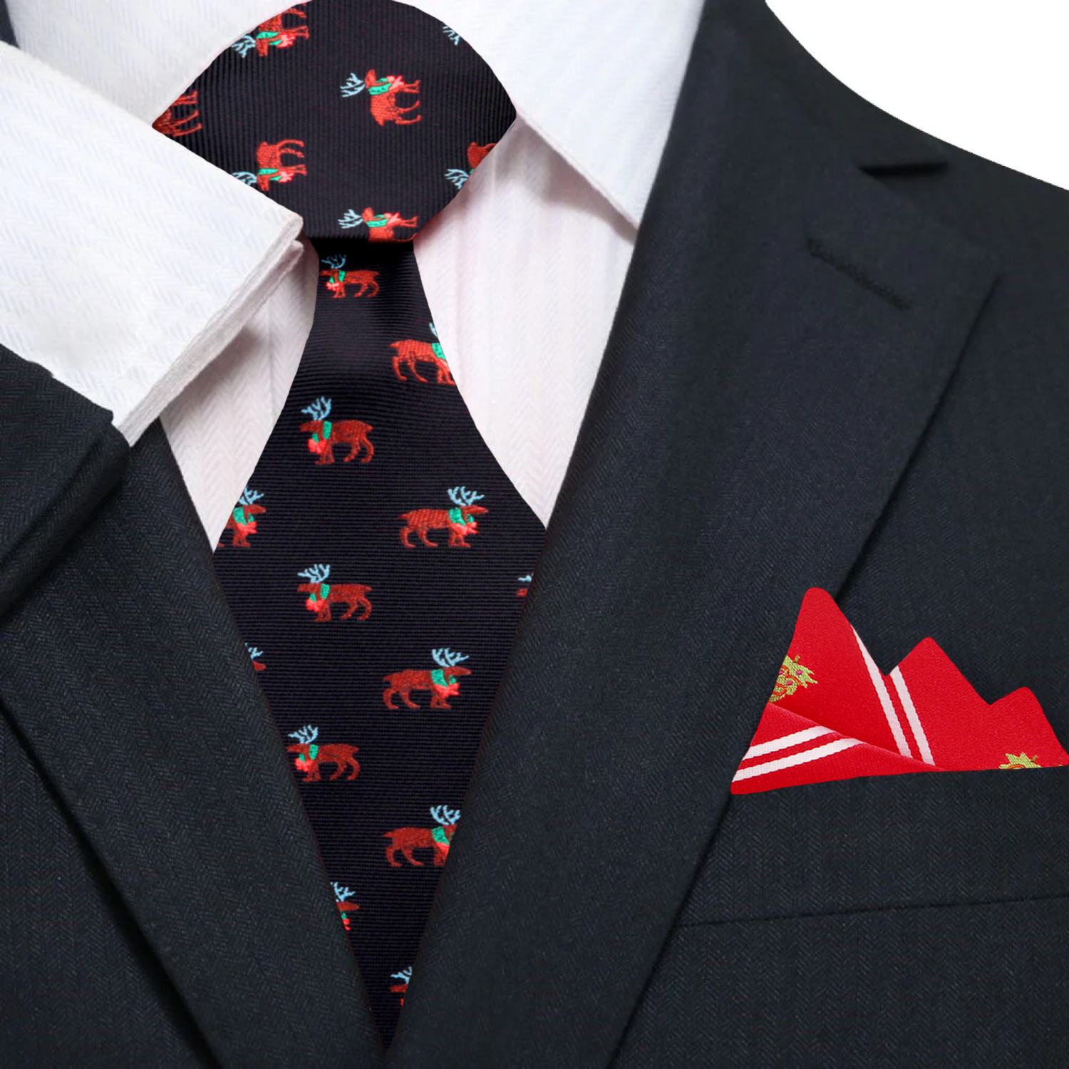 Man wearing Christmas necktie with reindeer pattern at holiday office party
