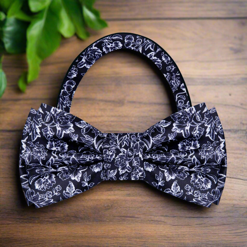 Dark pink silk bow tie with ornate pattern, ideal for formal occasions