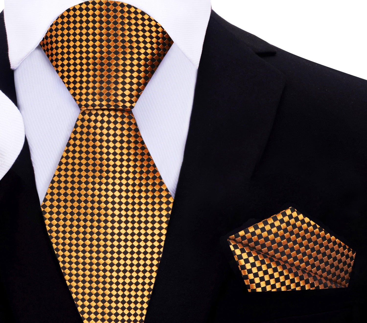 Close-up of the Noble Gold and Black Geometric Necktie showcasing its intricate diamond pattern.