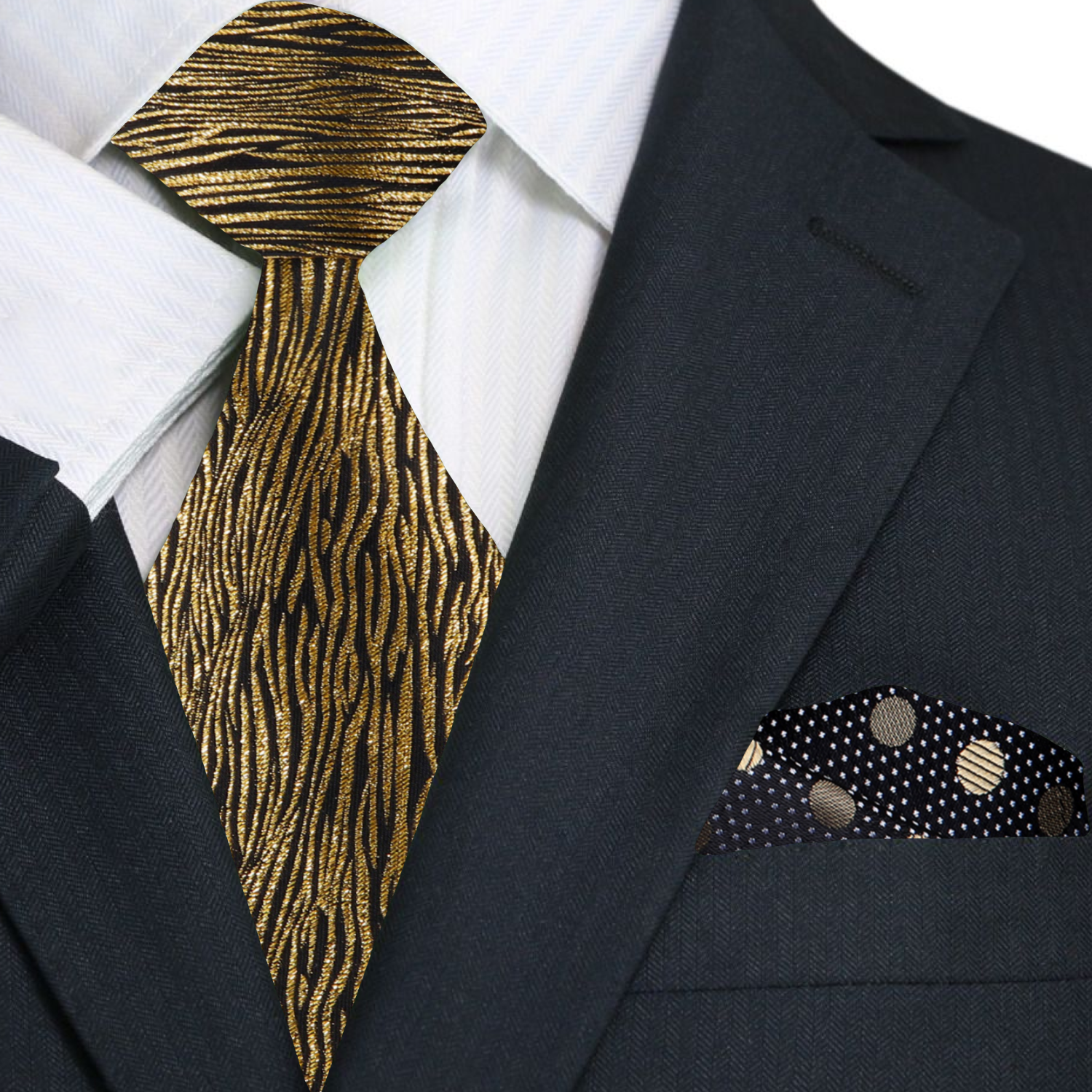 Premium silk necktie paired with a matching pocket square for formal occasions.