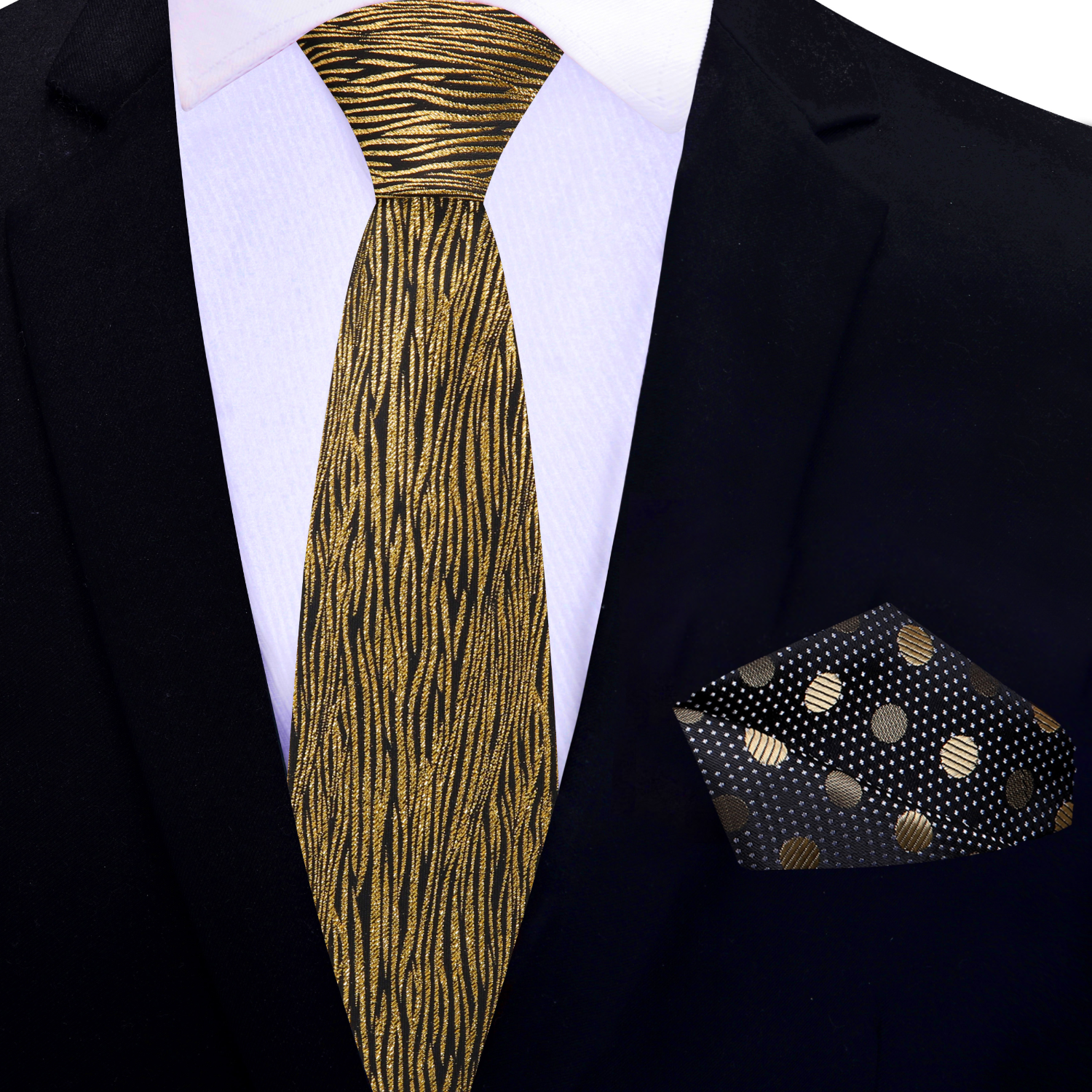 Elegant zebra design necktie showcasing black and gold silk pattern.