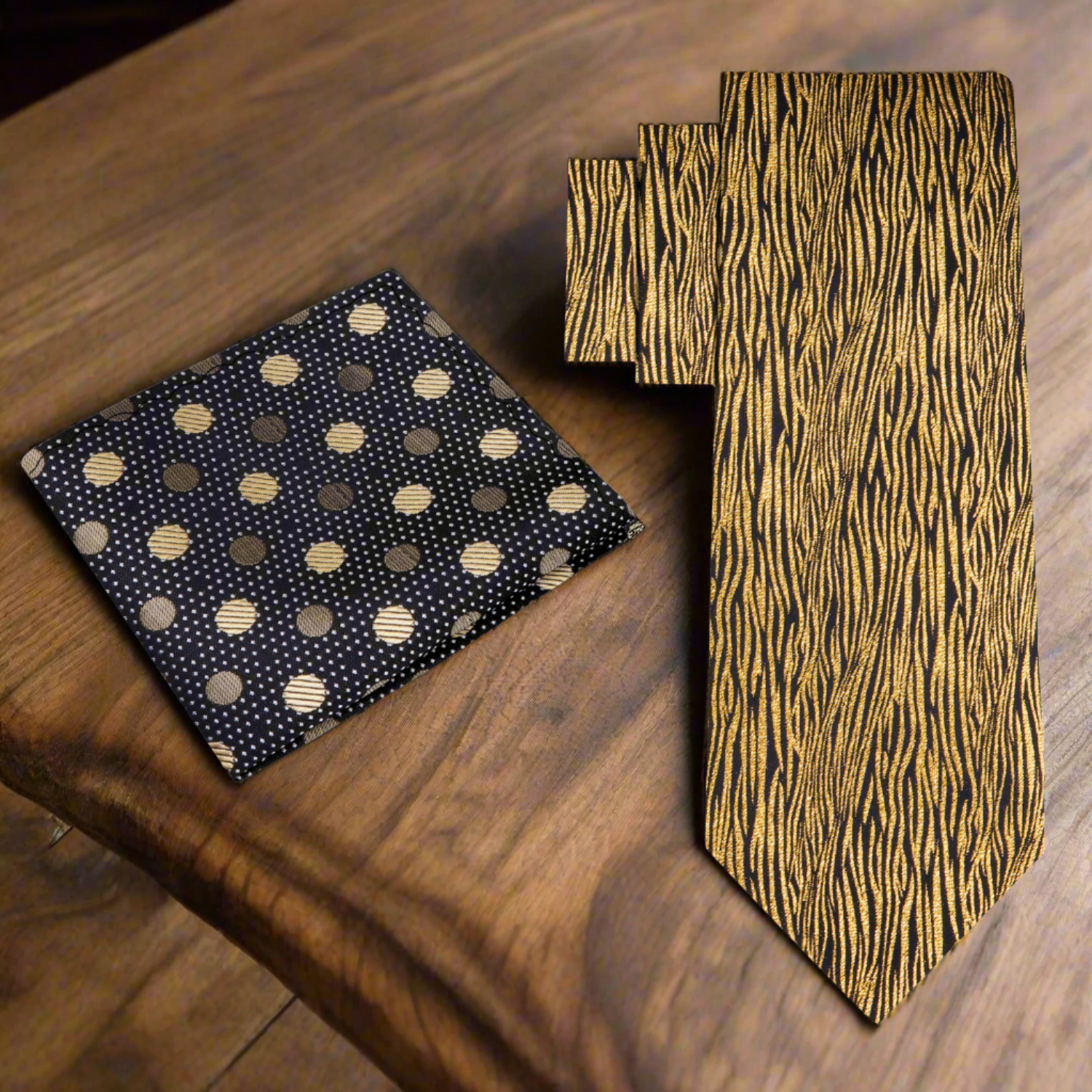 Premium silk necktie paired with a matching pocket square for formal occasions.