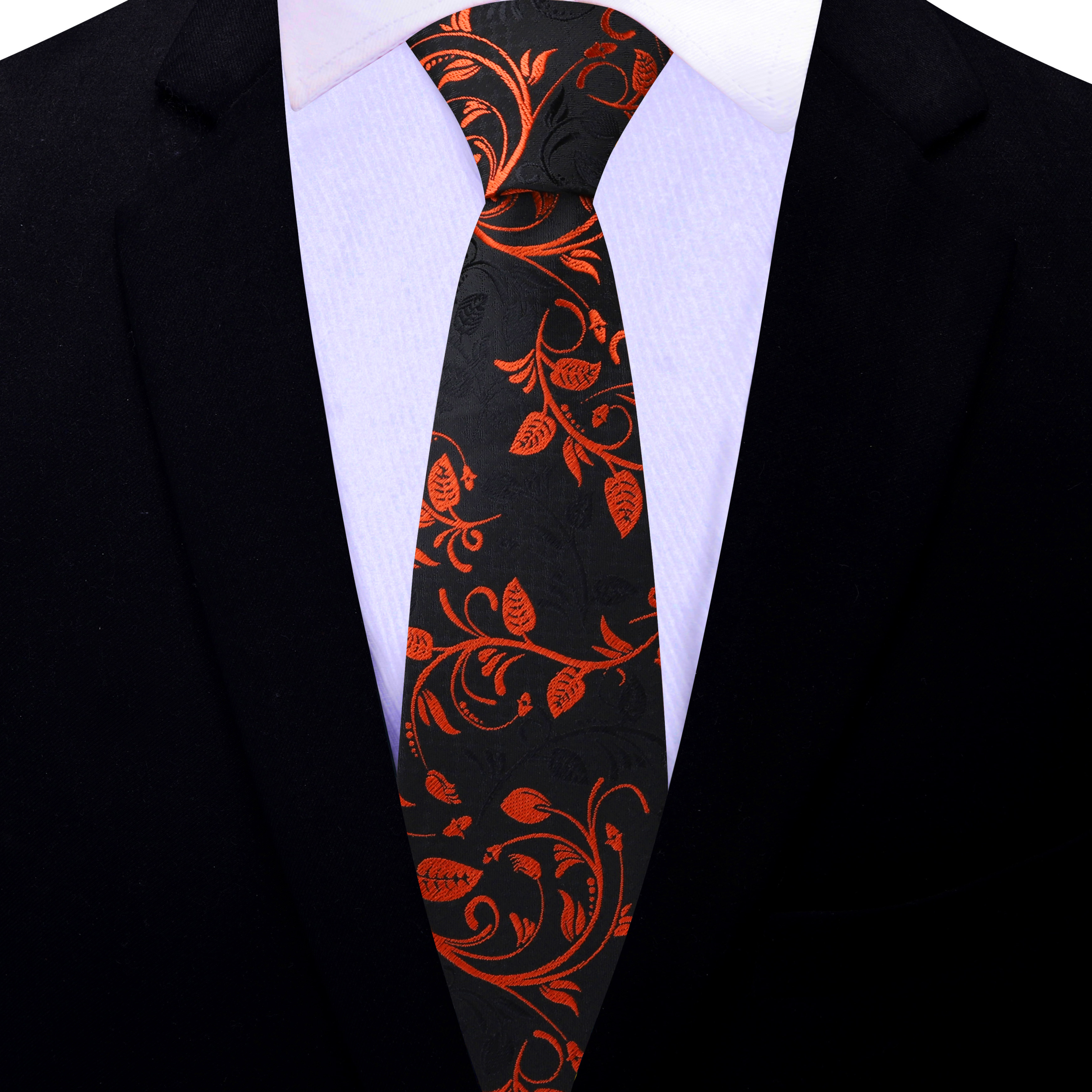 Close-up of the black necktie with copper vines, emphasizing the quality fabric and detailed pattern.