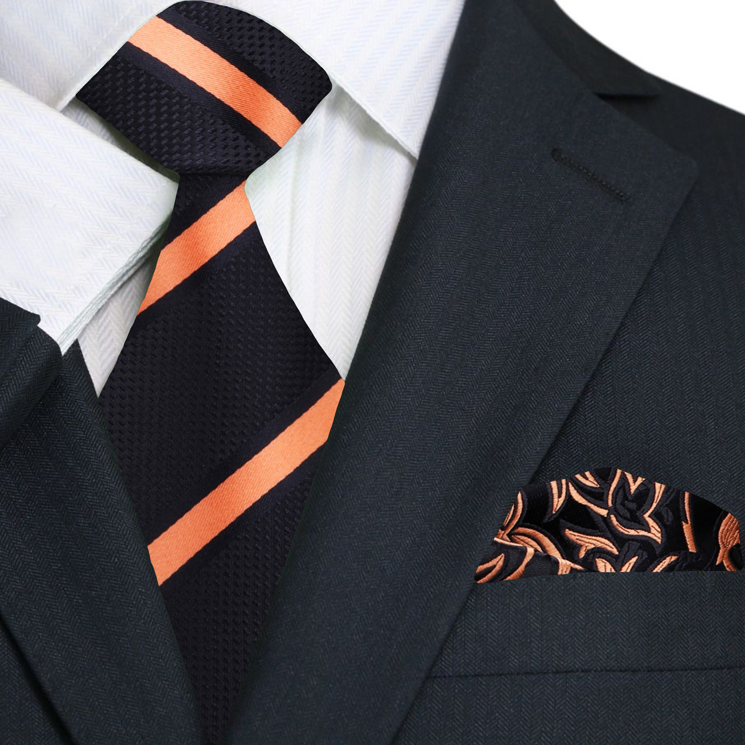 Man wearing black with orange stripe necktie at a cocktail event