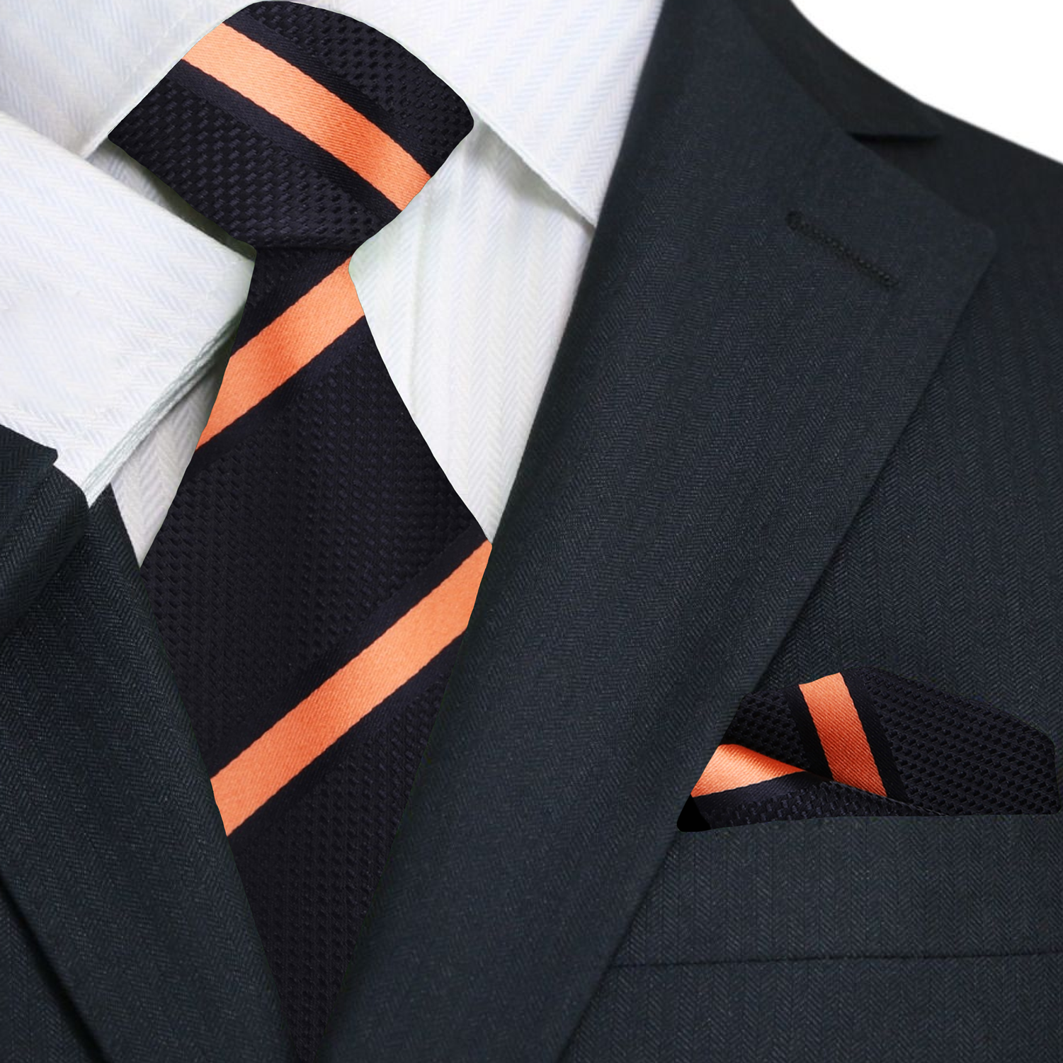 Close-up of mens stripe tie in navy blue and yellow, suitable for business wear