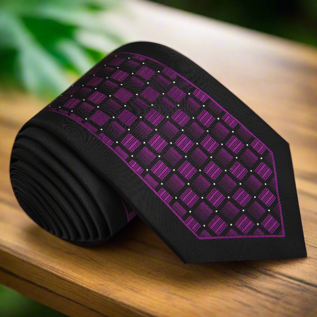 Front view of black and purple honeycomb geometric necktie on a model