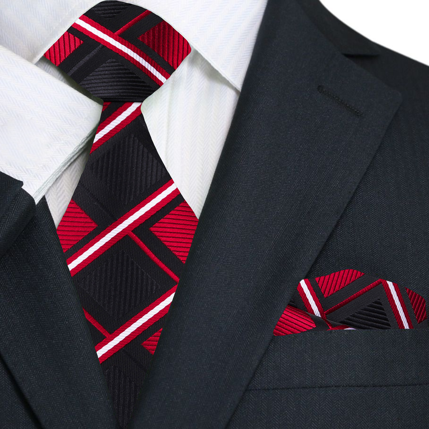 Close-up of a mens silk geometric tie in red and black, perfect for weddings