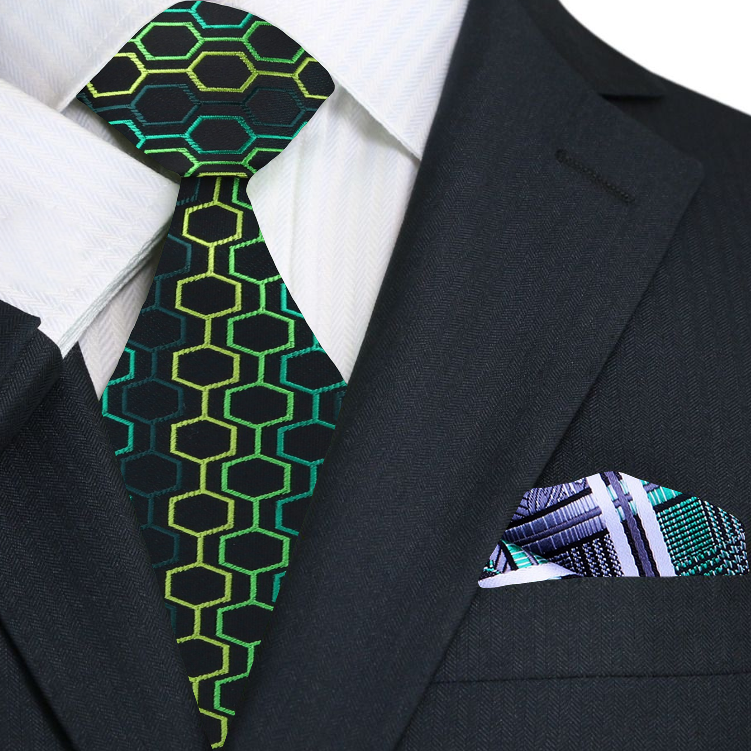 Vibrant green honeycomb silk tie paired with a crisp white dress shirt, enhancing its visual appeal.