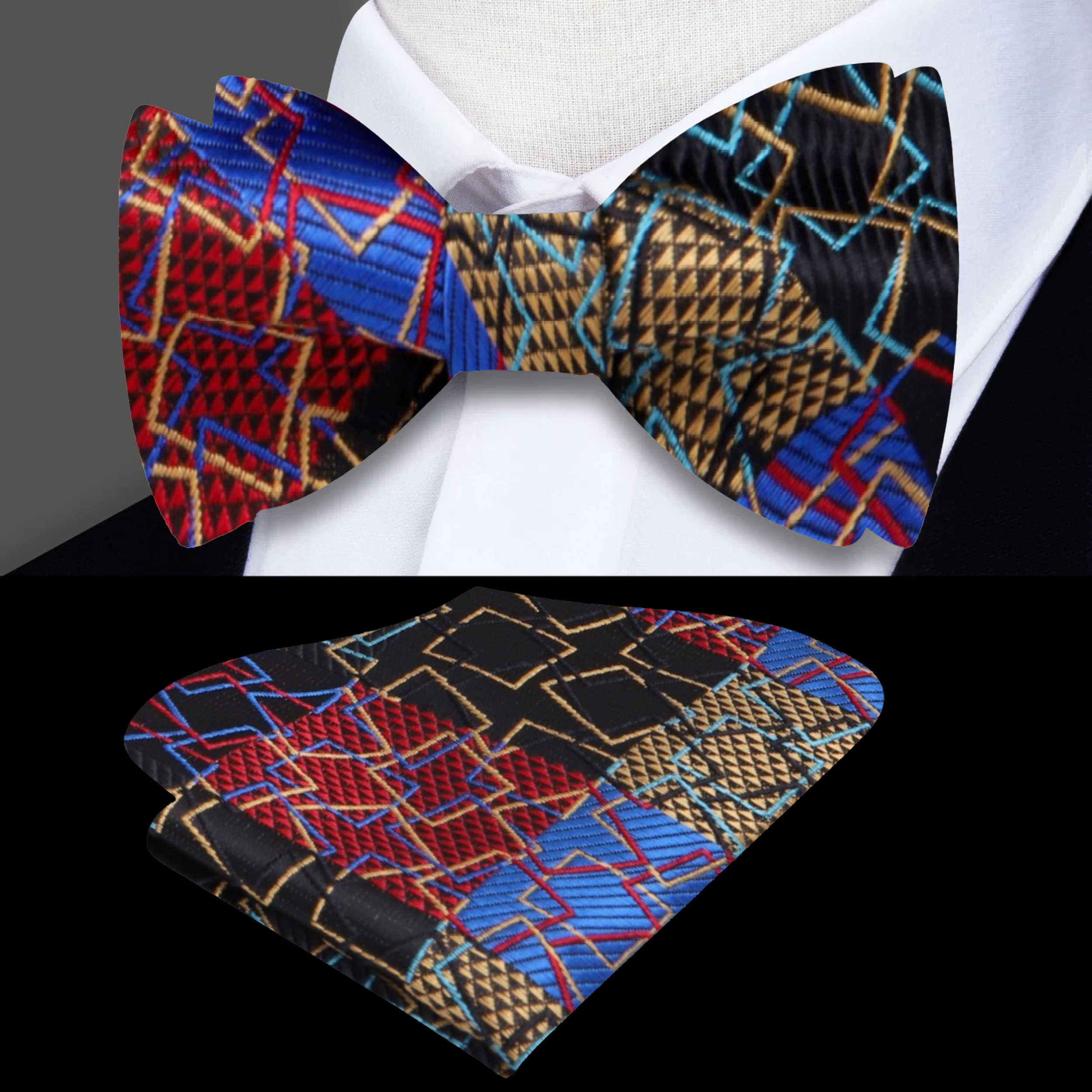 Close-up of the geometric bow tie featuring black, red, blue, and yellow tones, highlighting the silk texture.
