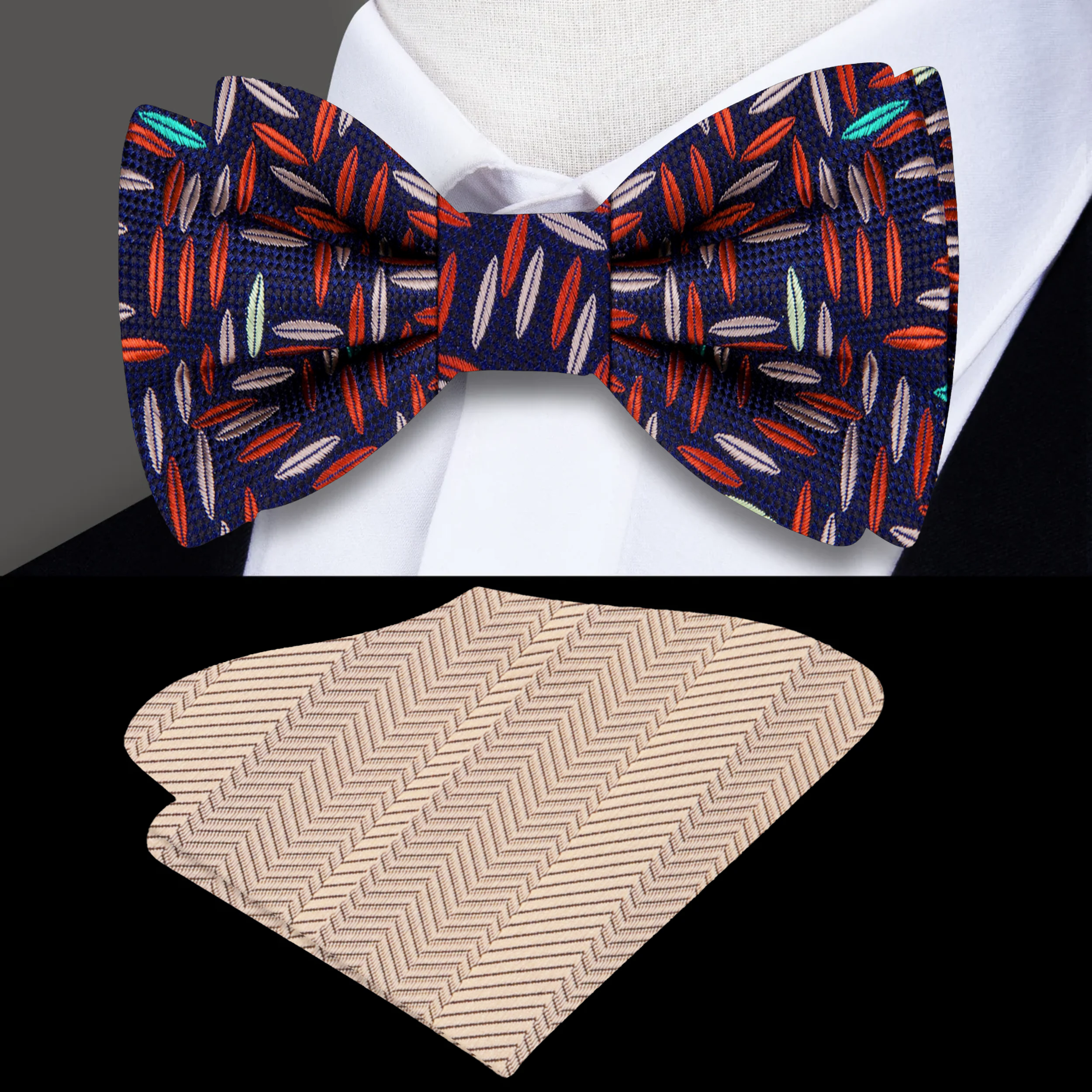 Elegant earth tones bow tie displayed on a wooden surface, showcasing its intricate rice grain pattern.