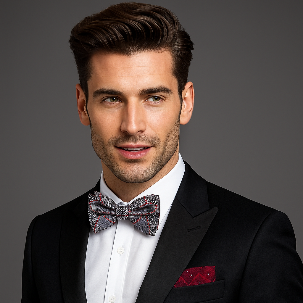Model wearing a geometric bow tie with a white dress shirt and suit for a formal event