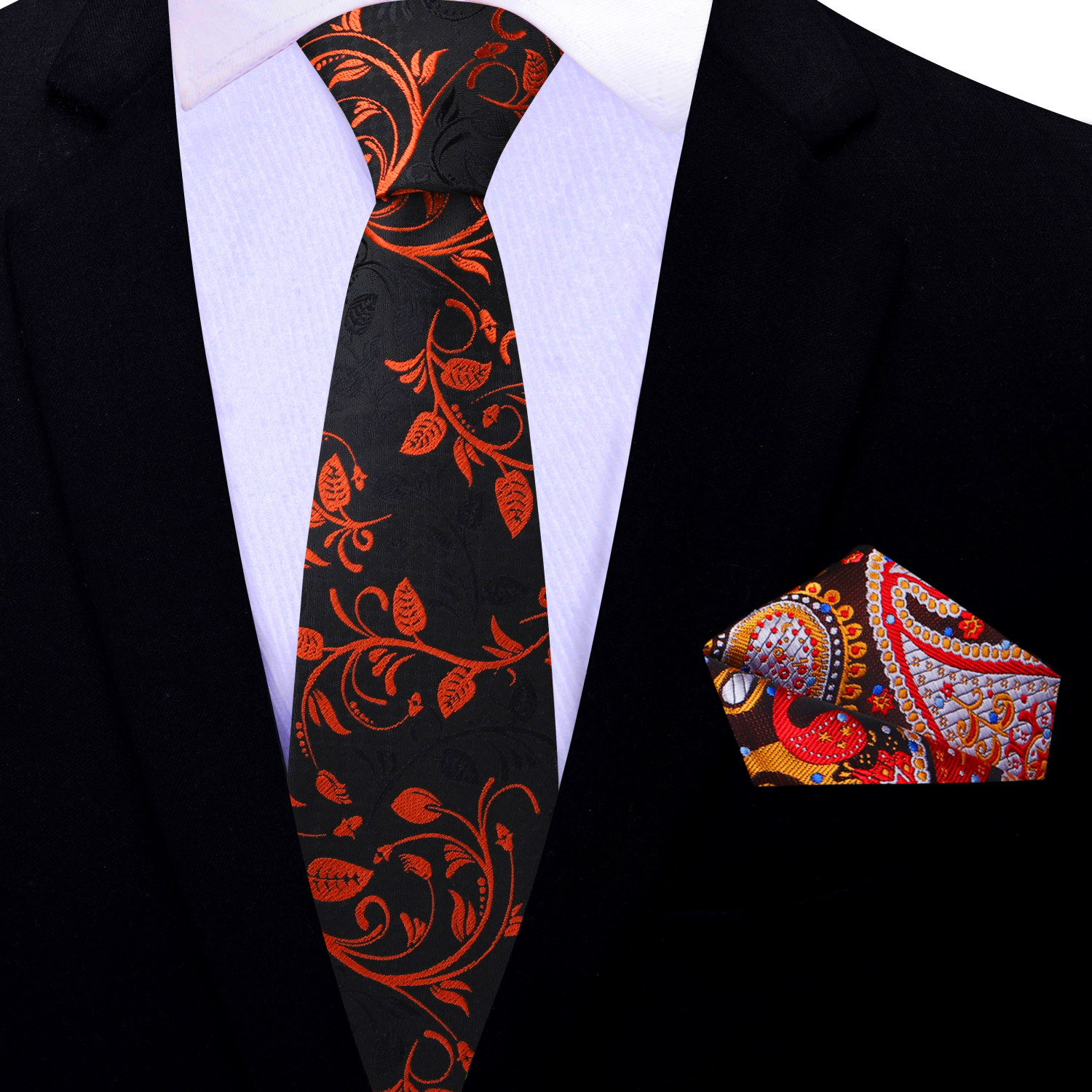 Copper Elegance Slim Necktie displayed on a white shirt, showcasing its intricate design suitable for formal occasions.