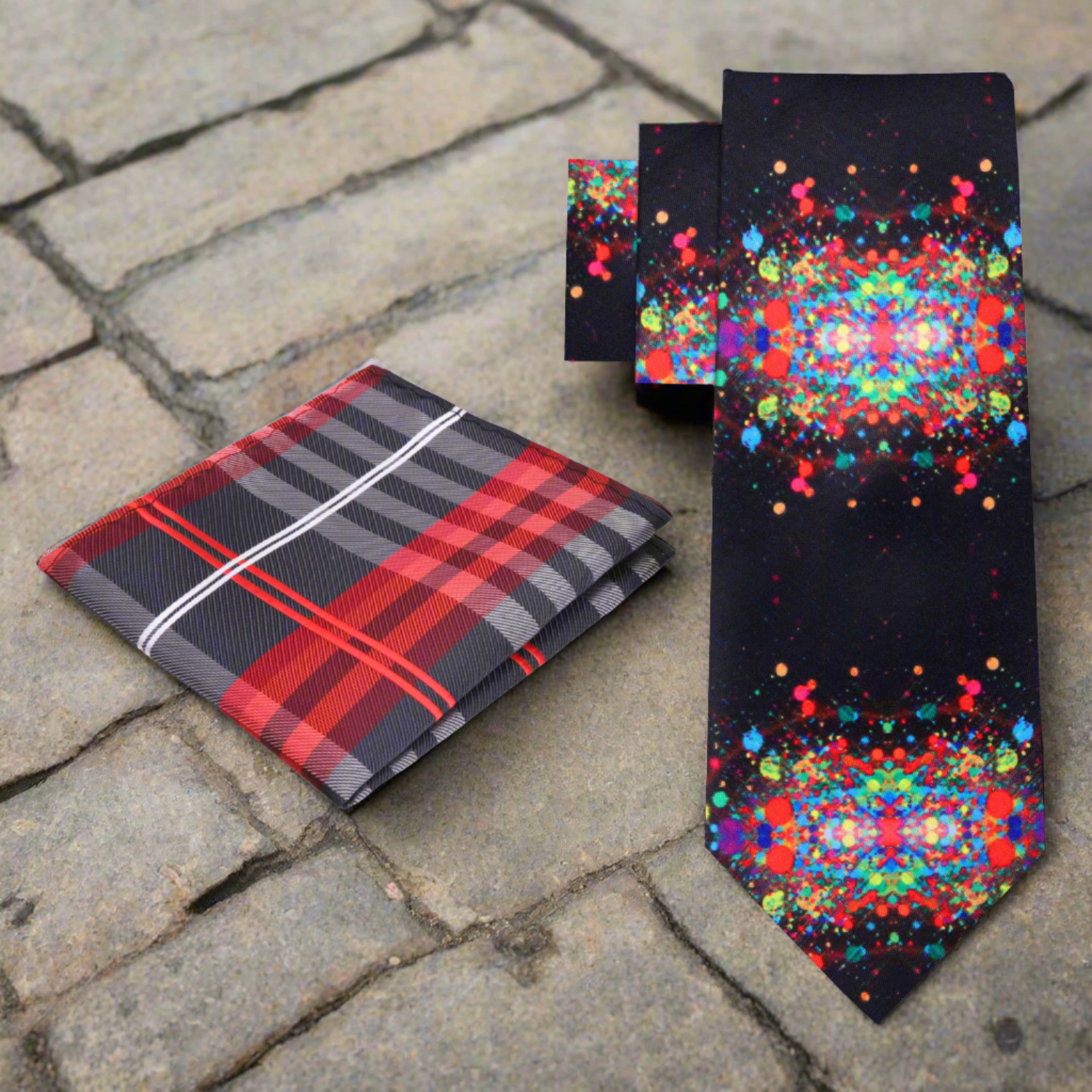 Close-up of the ink blot abstract silk necktie showcasing the vibrant paint splatter pattern