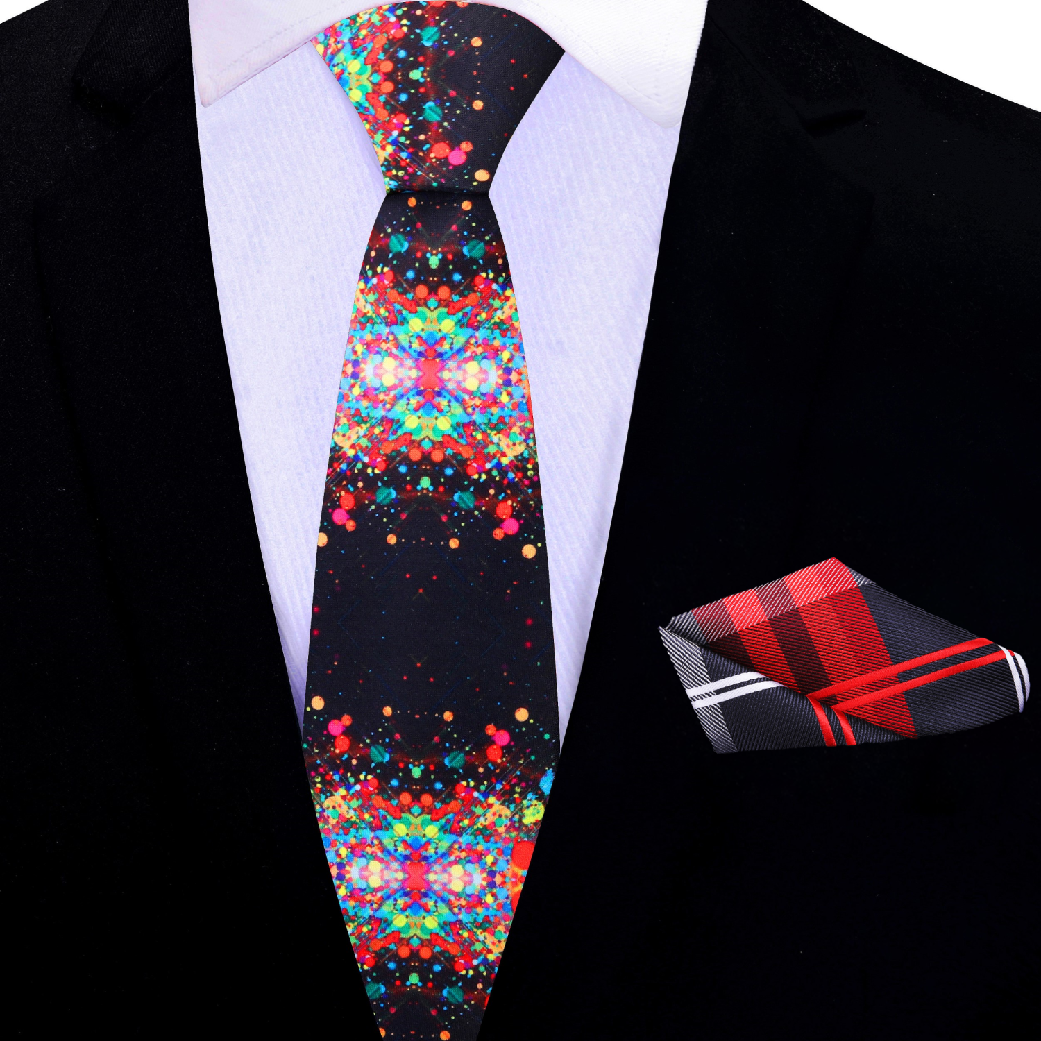 Silk necktie with abstract design paired with a classic suit for a stylish look