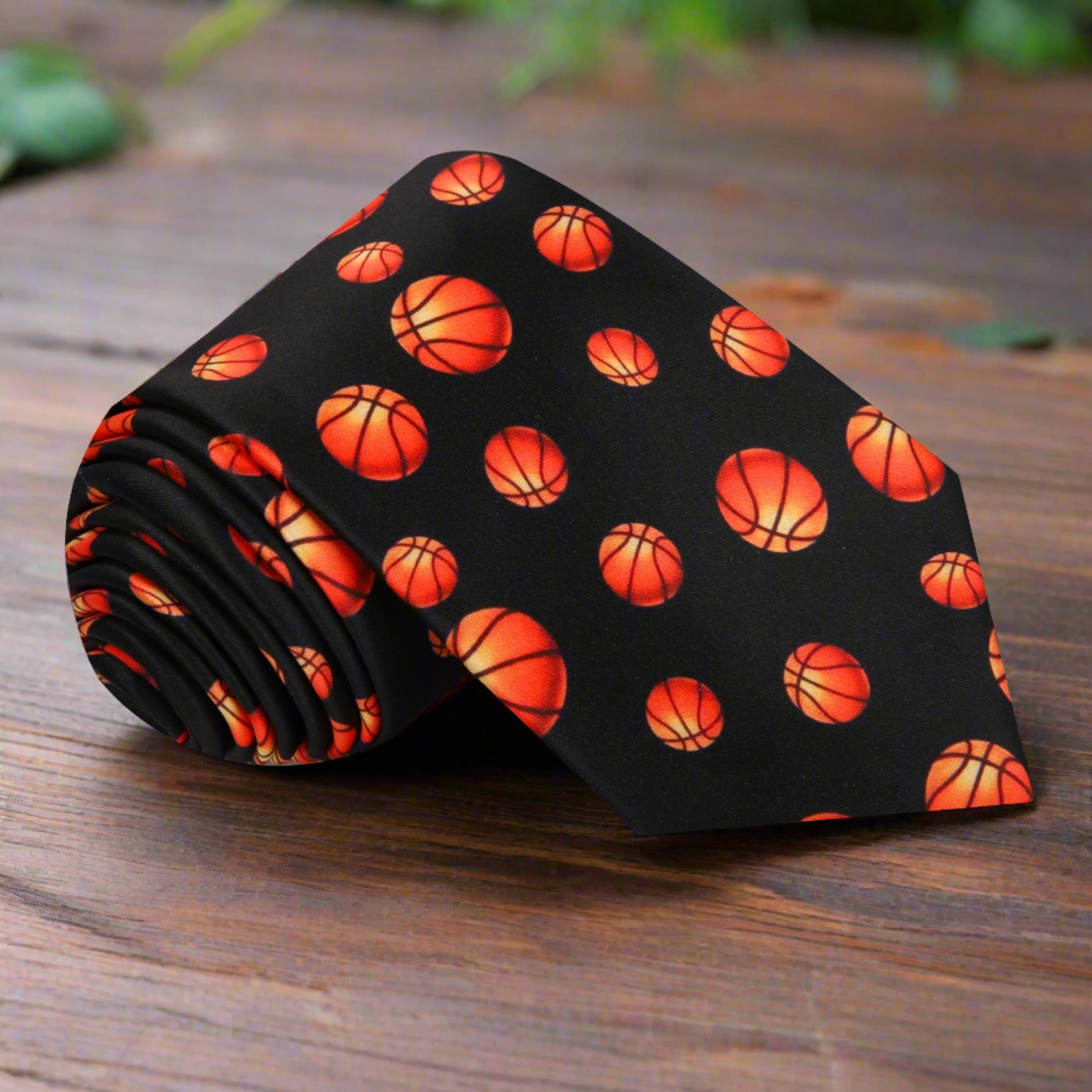 Black silk necktie with orange basketball motif, styled with a white dress shirt.